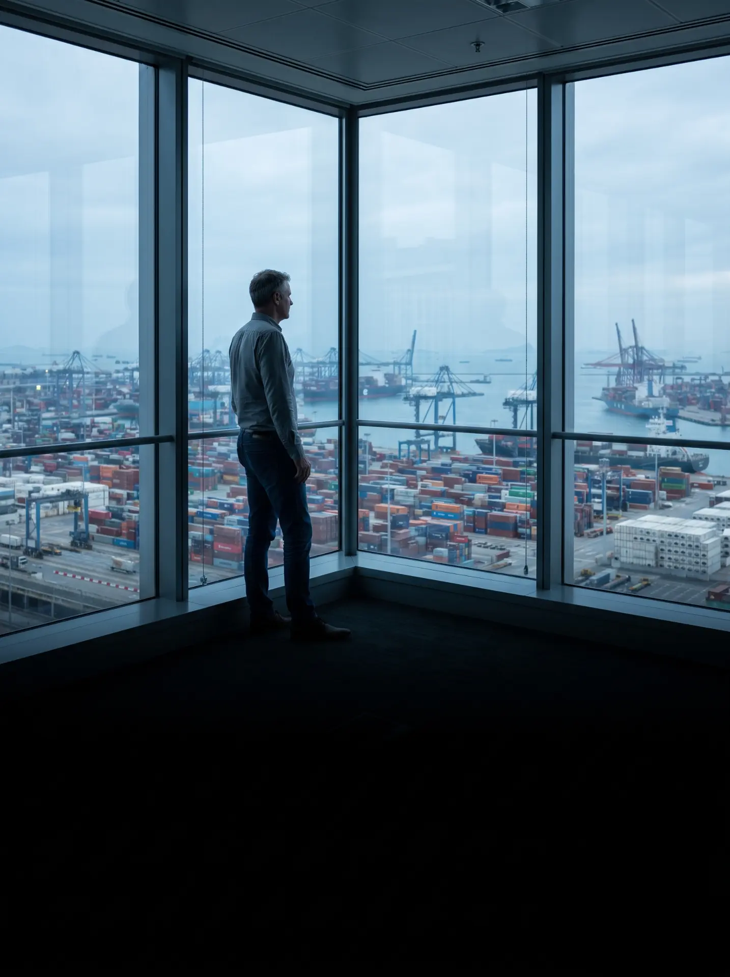 Businessman standing at floor-to-ceiling windows overlooking a container port