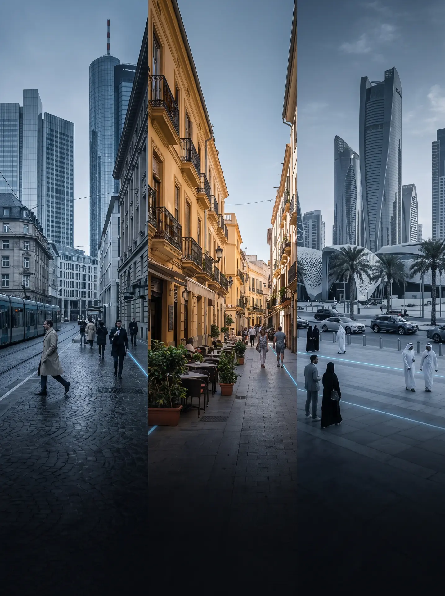 City streets in three financial destinations with glowing blue payment lines