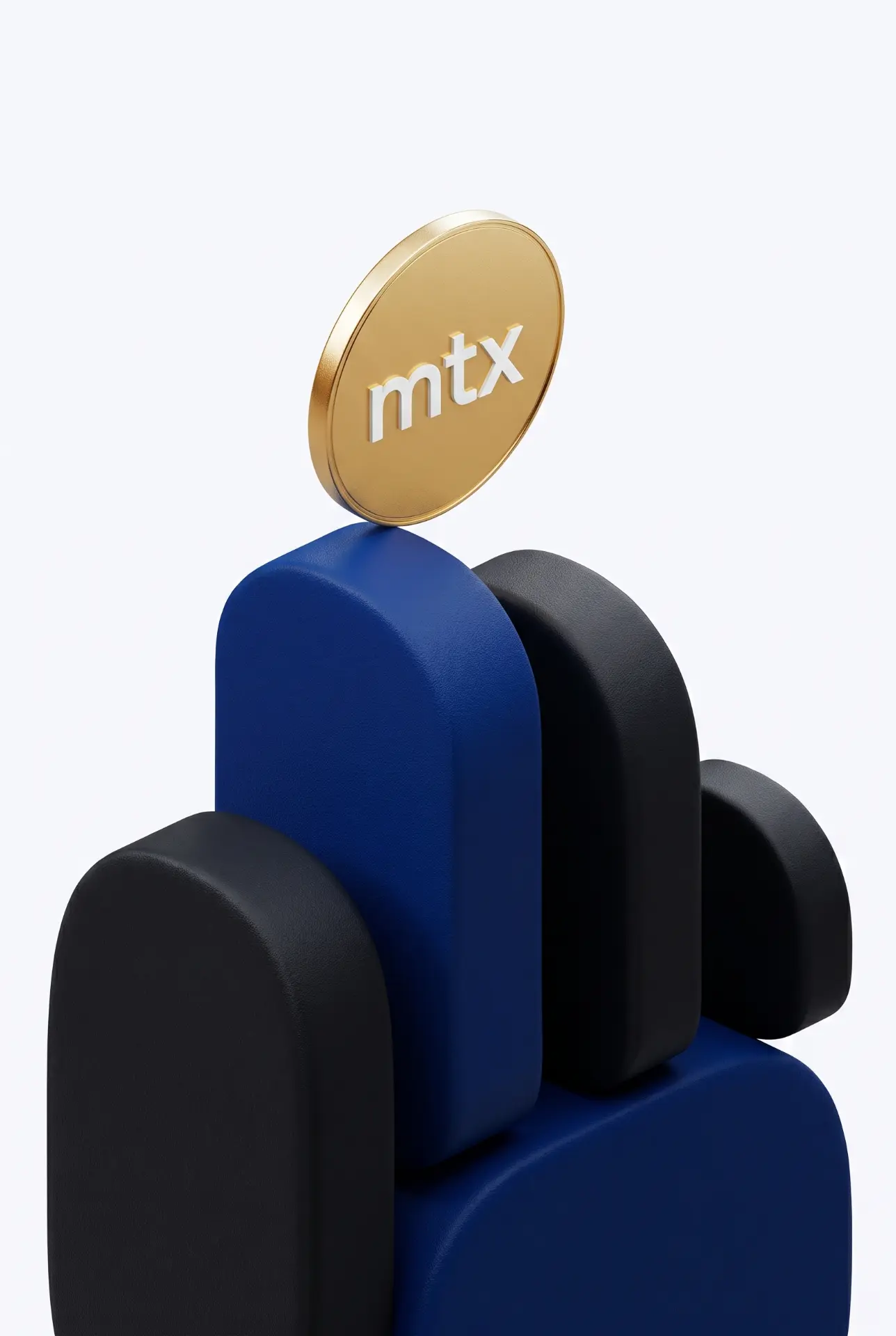 Sculptural blue and black forms balancing an MTX coin