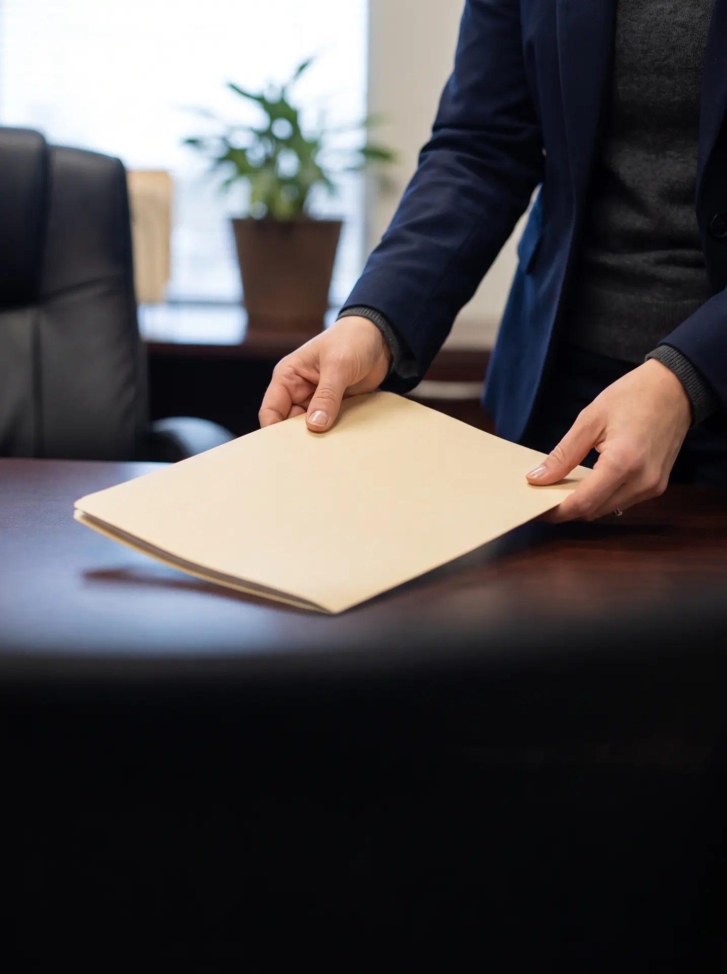 Businessperson placing a manila document folder on a dark wooden desk