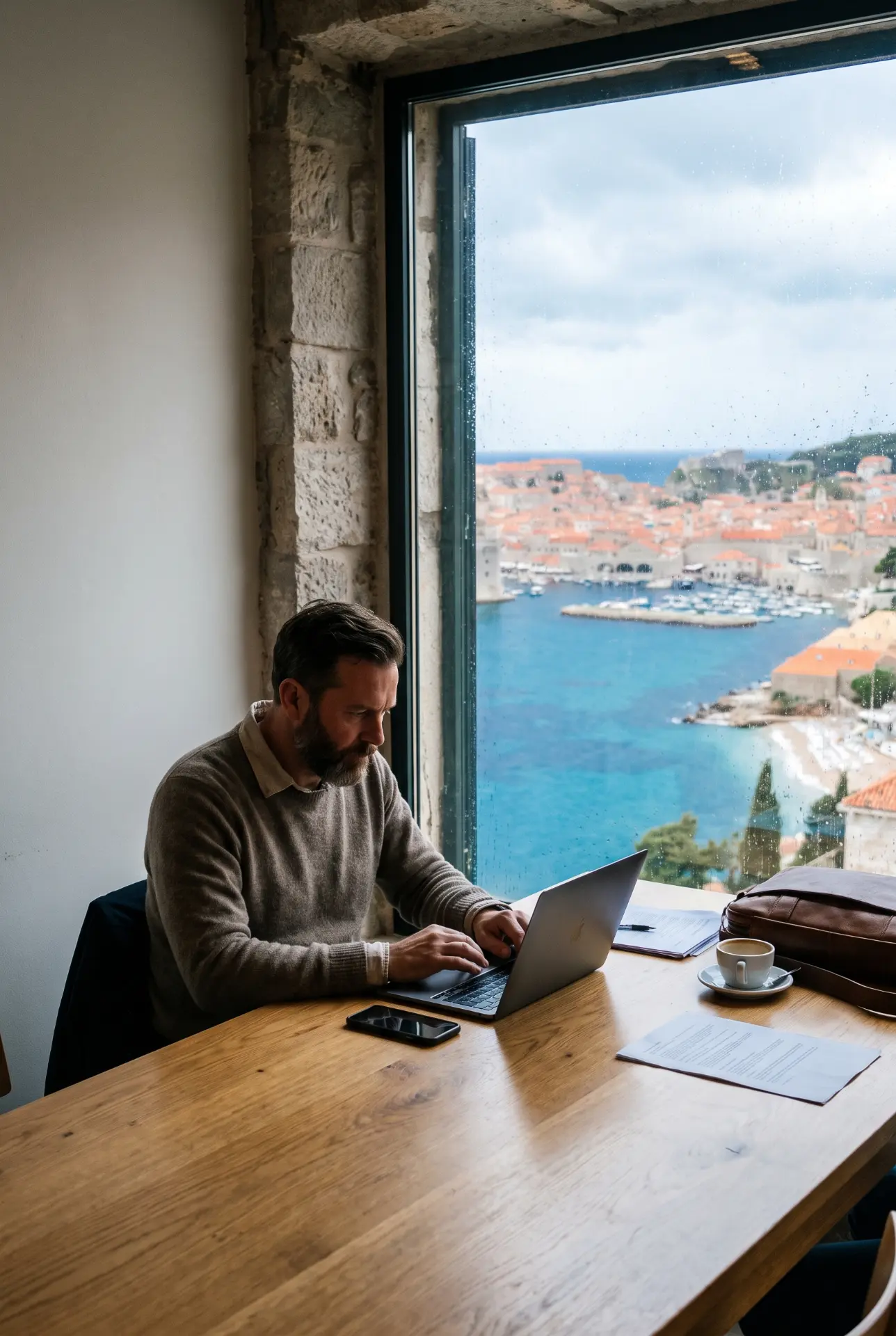 Man in a sweater working on a laptop by a stone window overlooking a harbour town