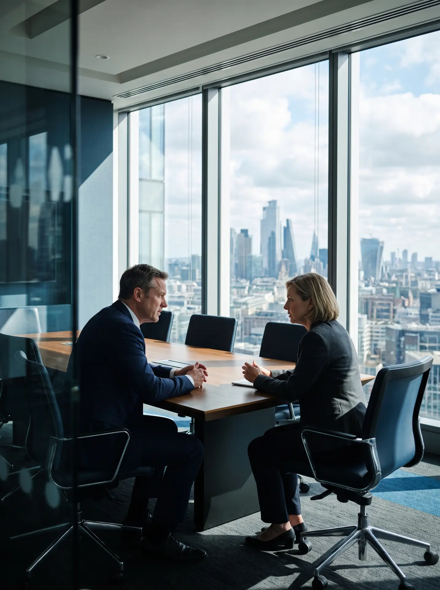 Two people meeting across a table in a high-rise office over the city