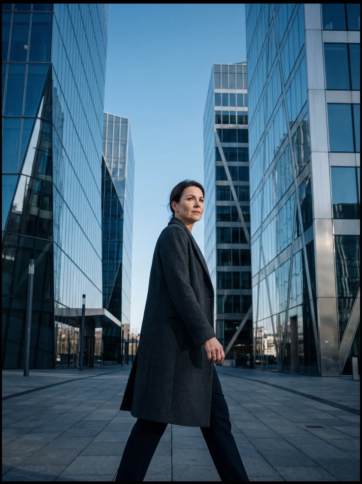 A businesswoman in a grey coat walking between modern glass towers