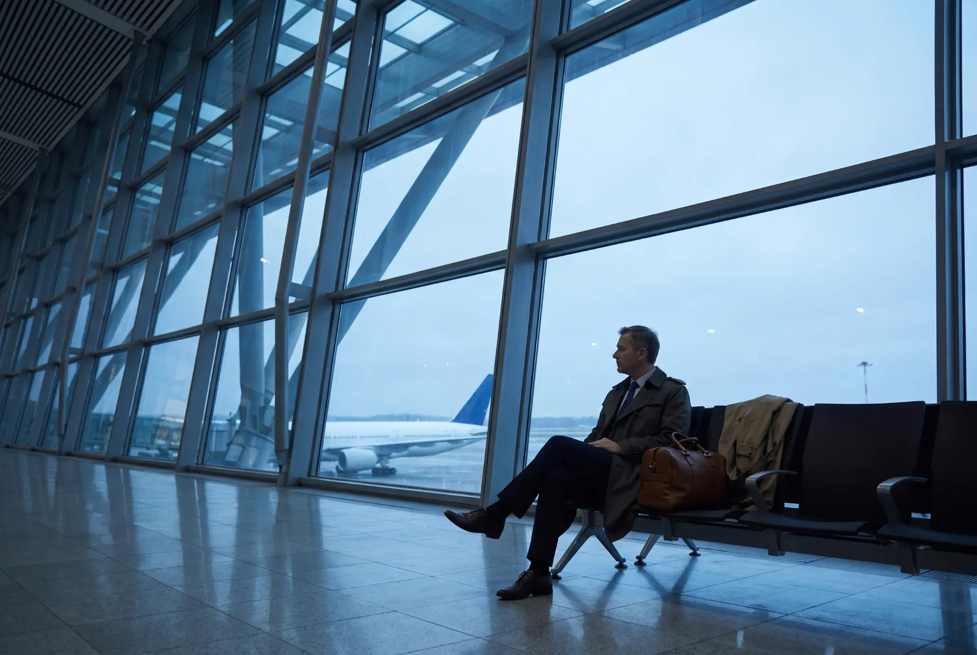 Businessman in a trench coat waiting at the airport window with a plane outside