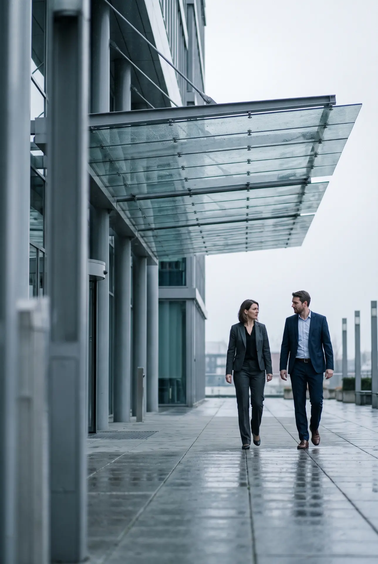 Two specialists walking together outside a modern office