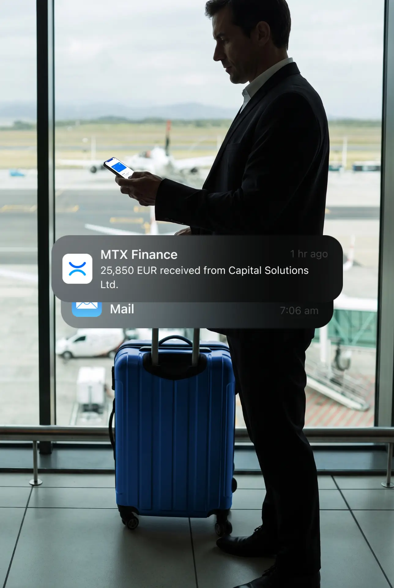 A traveller reading an MTX Finance transfer notification on his phone at an airport