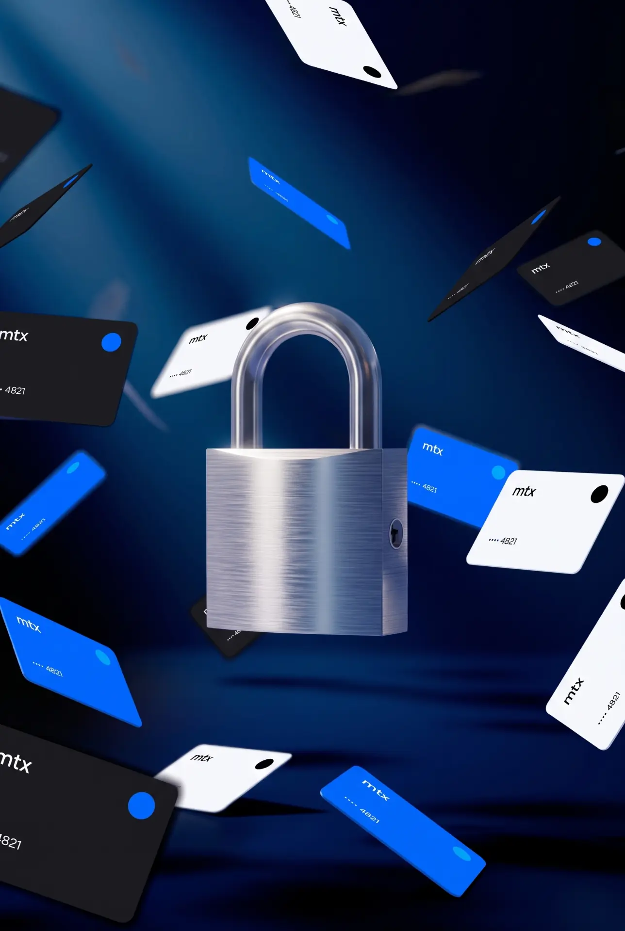 A steel padlock surrounded by floating MTX cards