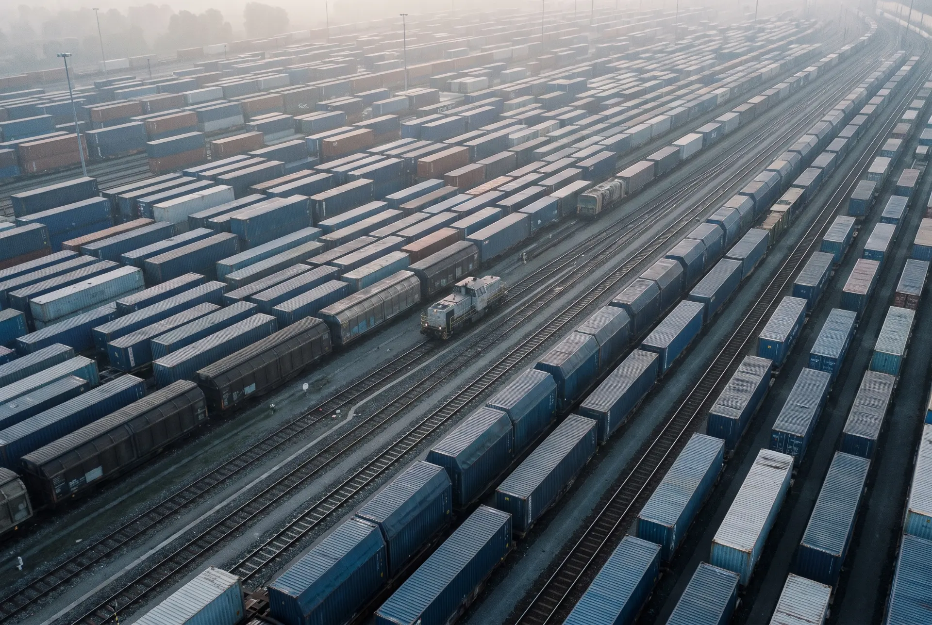 An aerial view of a rail yard lined with containers in fog