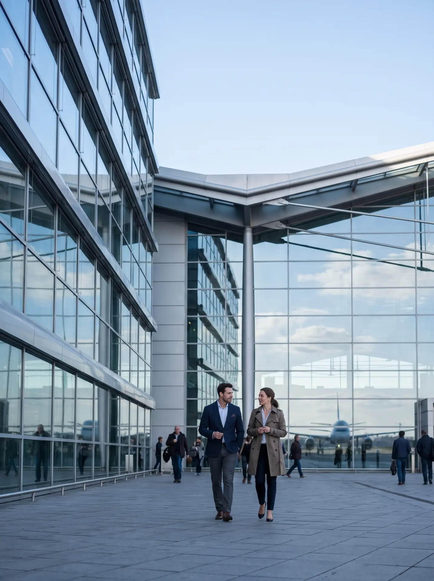 Two professionals walking and talking outside an airport terminal