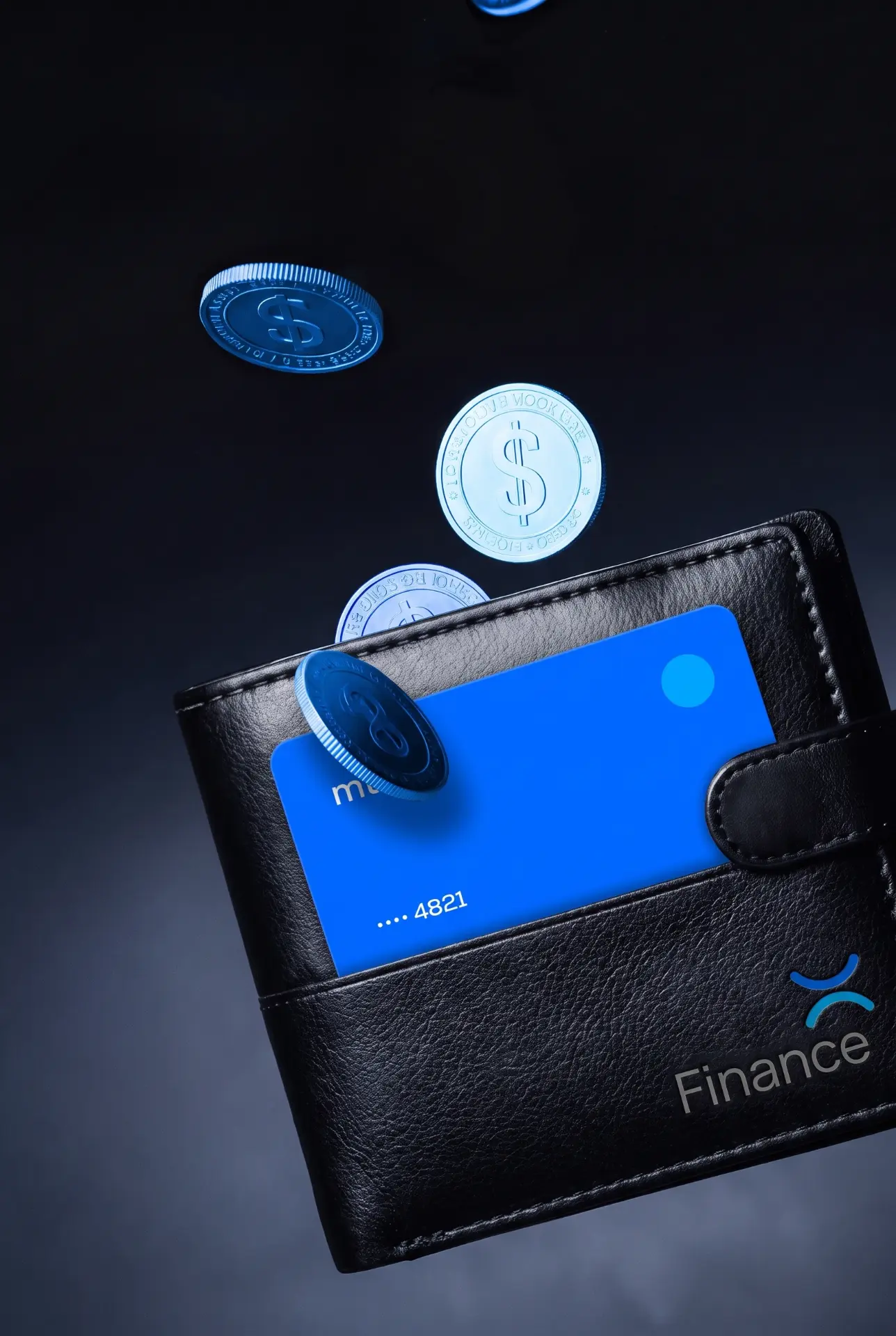 An MTX card in a black wallet with dollar coins above it