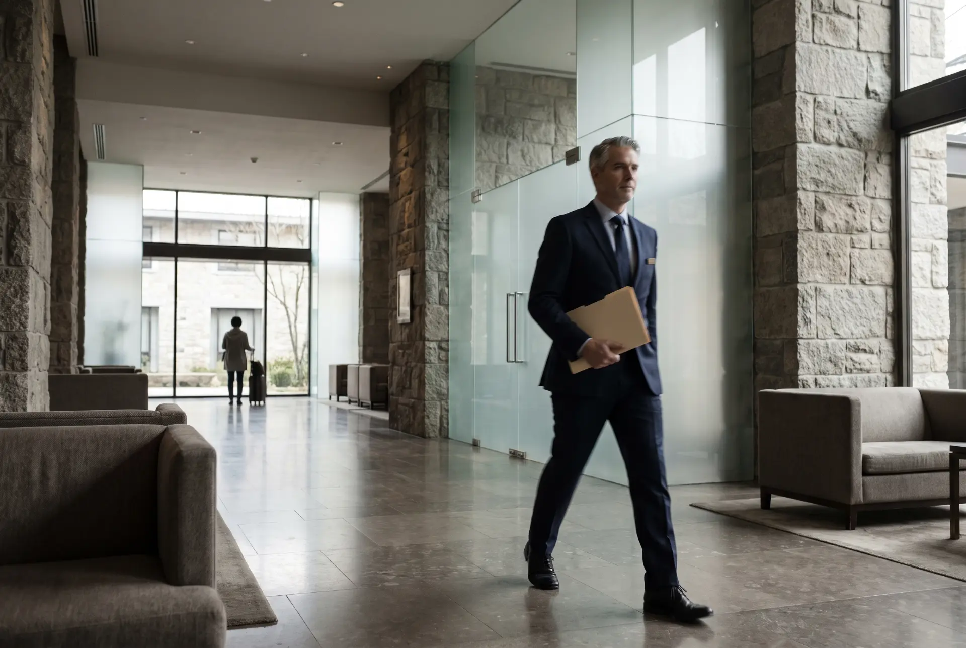 Businessman in a suit carrying a folder through a stone-and-glass lobby
