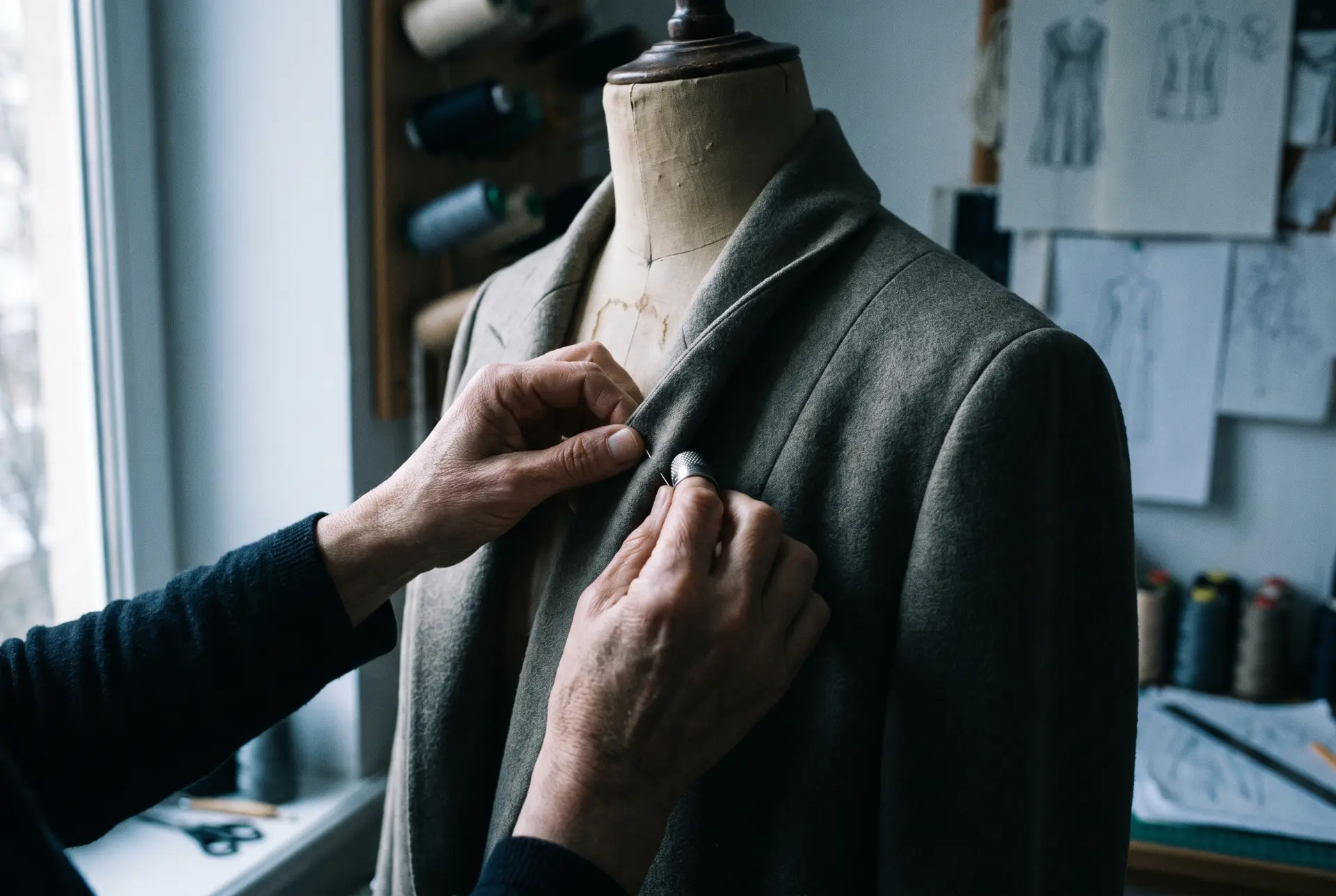 Tailor pinning the lapel of a jacket on a dressmaker's mannequin