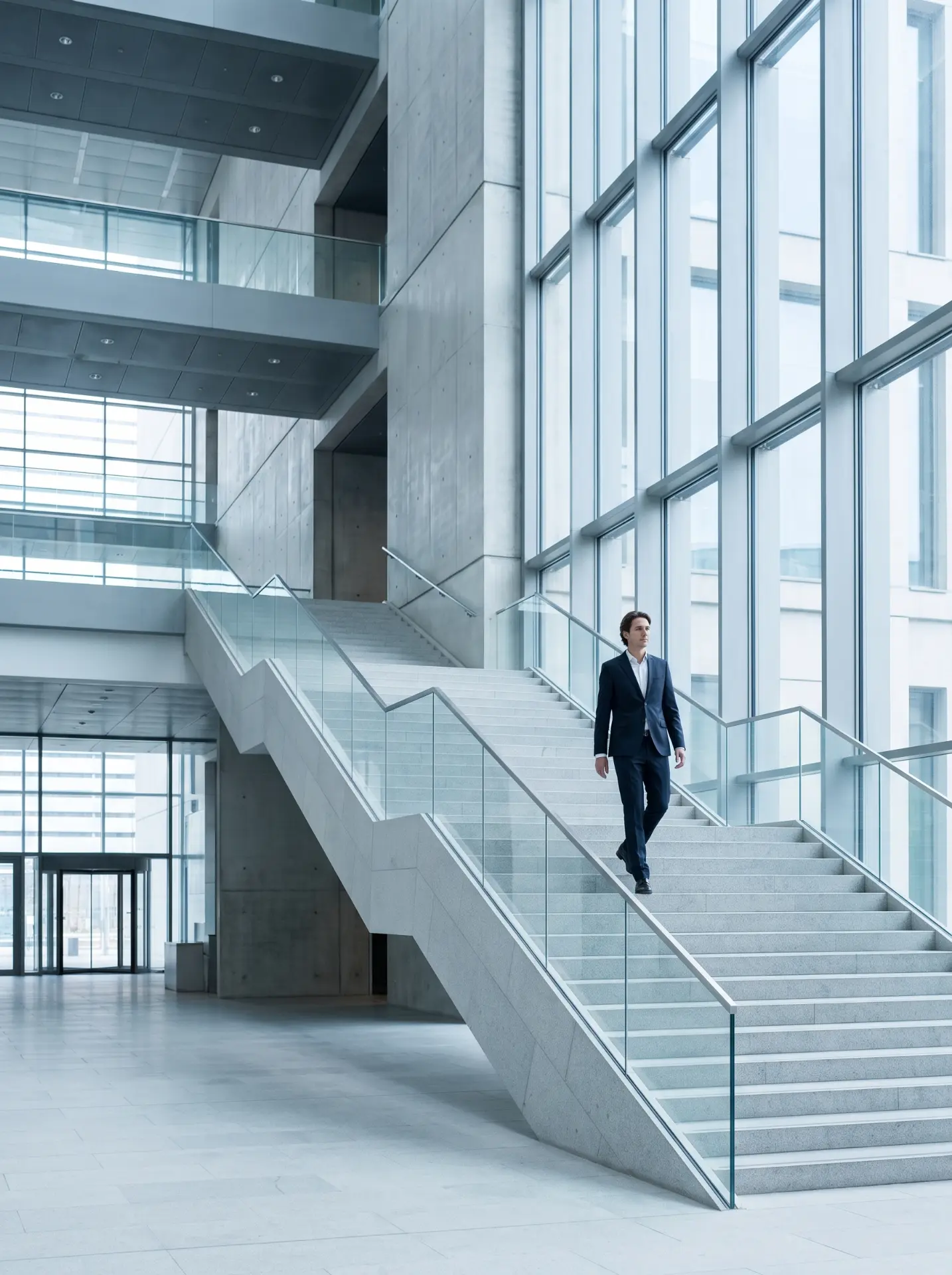 A client descending a wide staircase in a modern glass building