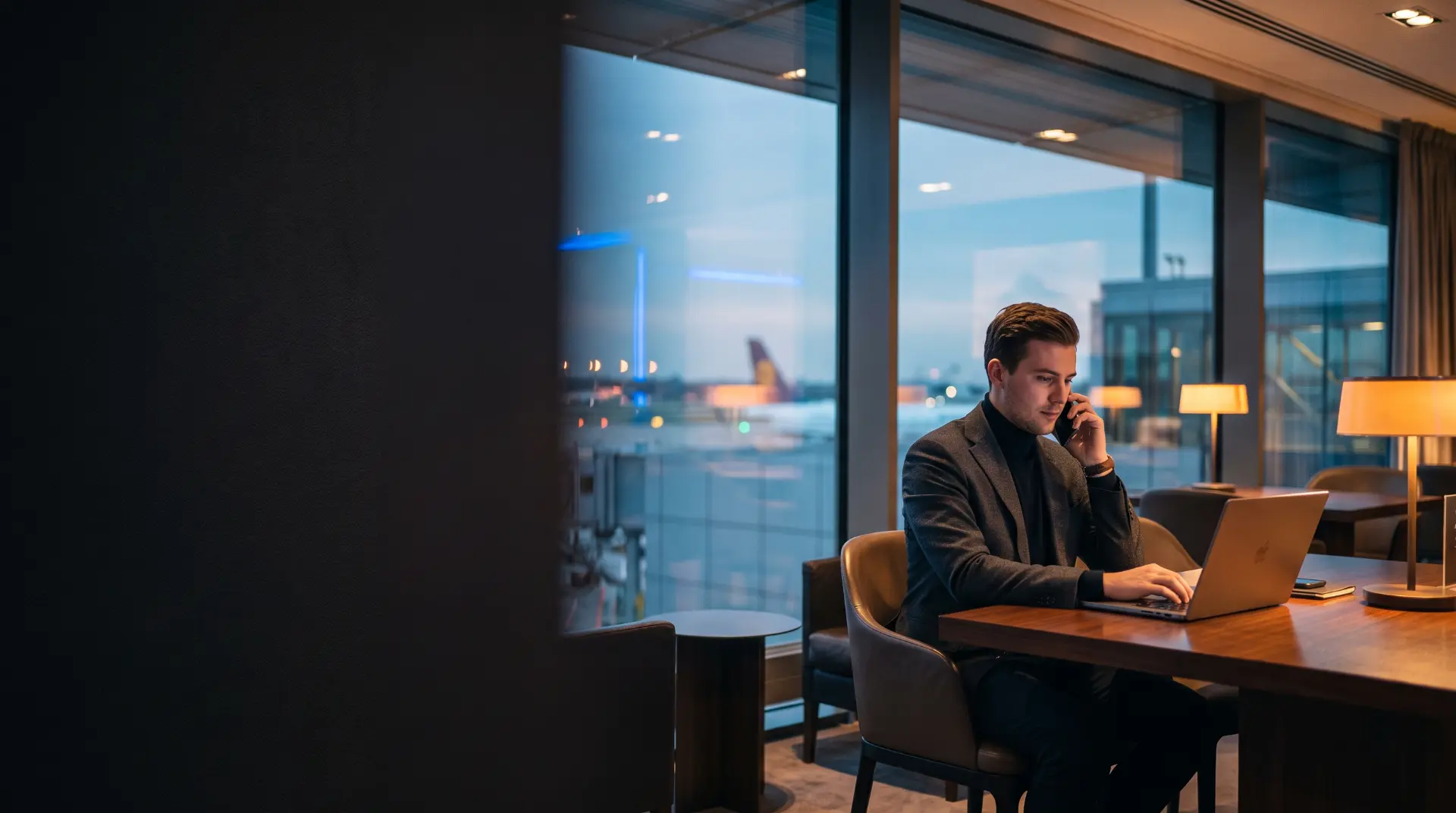 A man taking a call at a laptop in an airport lounge