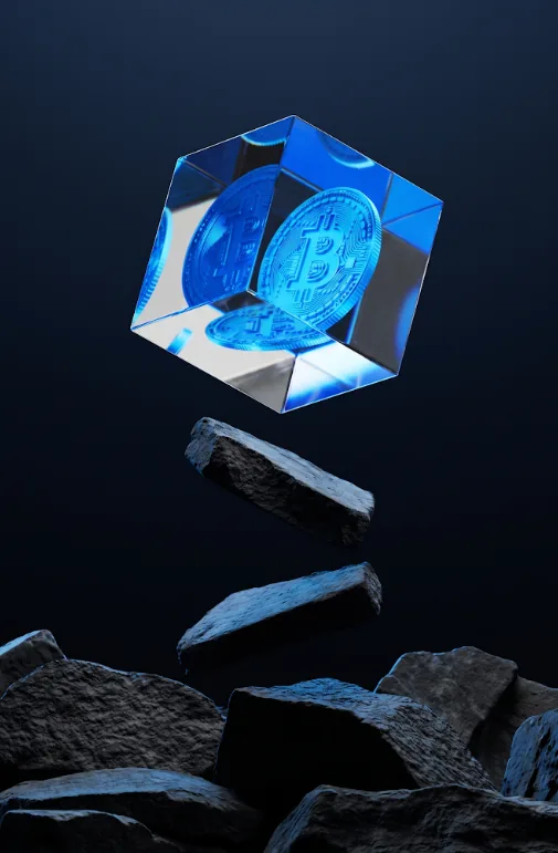 Glowing blue bitcoin cube floating above dark rocks