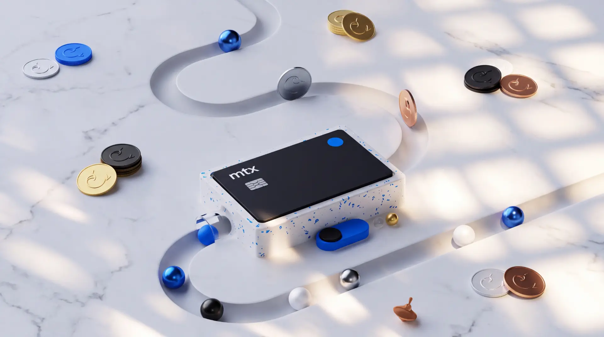 An MTX card on a marble surface surrounded by winding tracks and coins