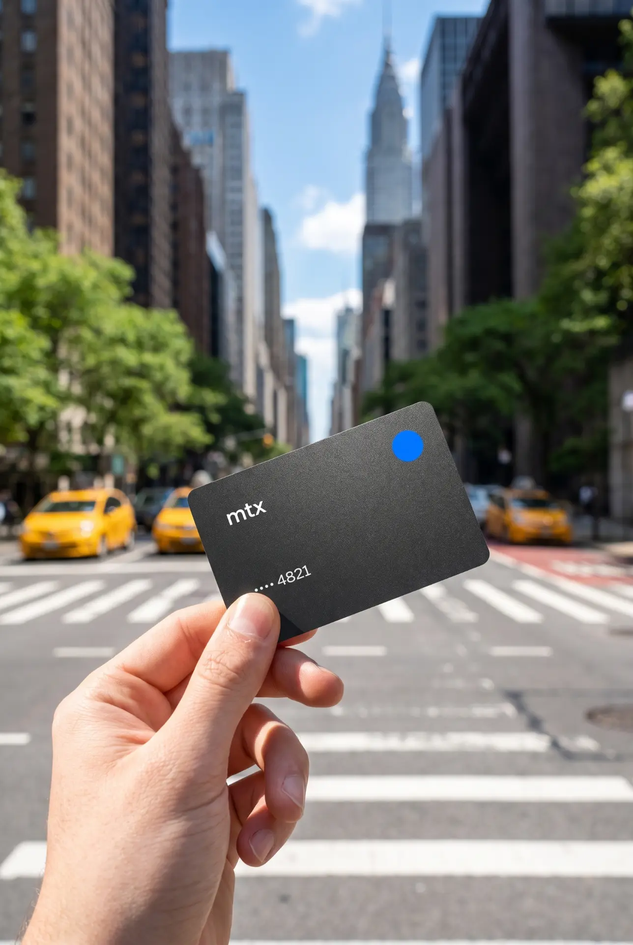 Hand holding a black MTX Finance card on a busy city street with yellow taxis