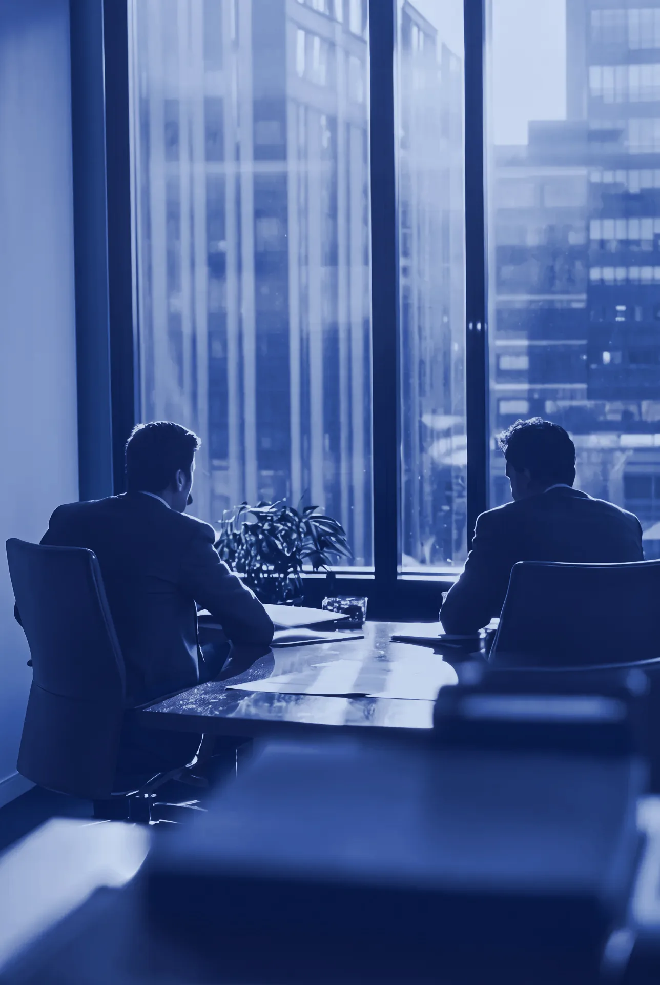 Two people in suits meeting at a desk in a bright high-rise office