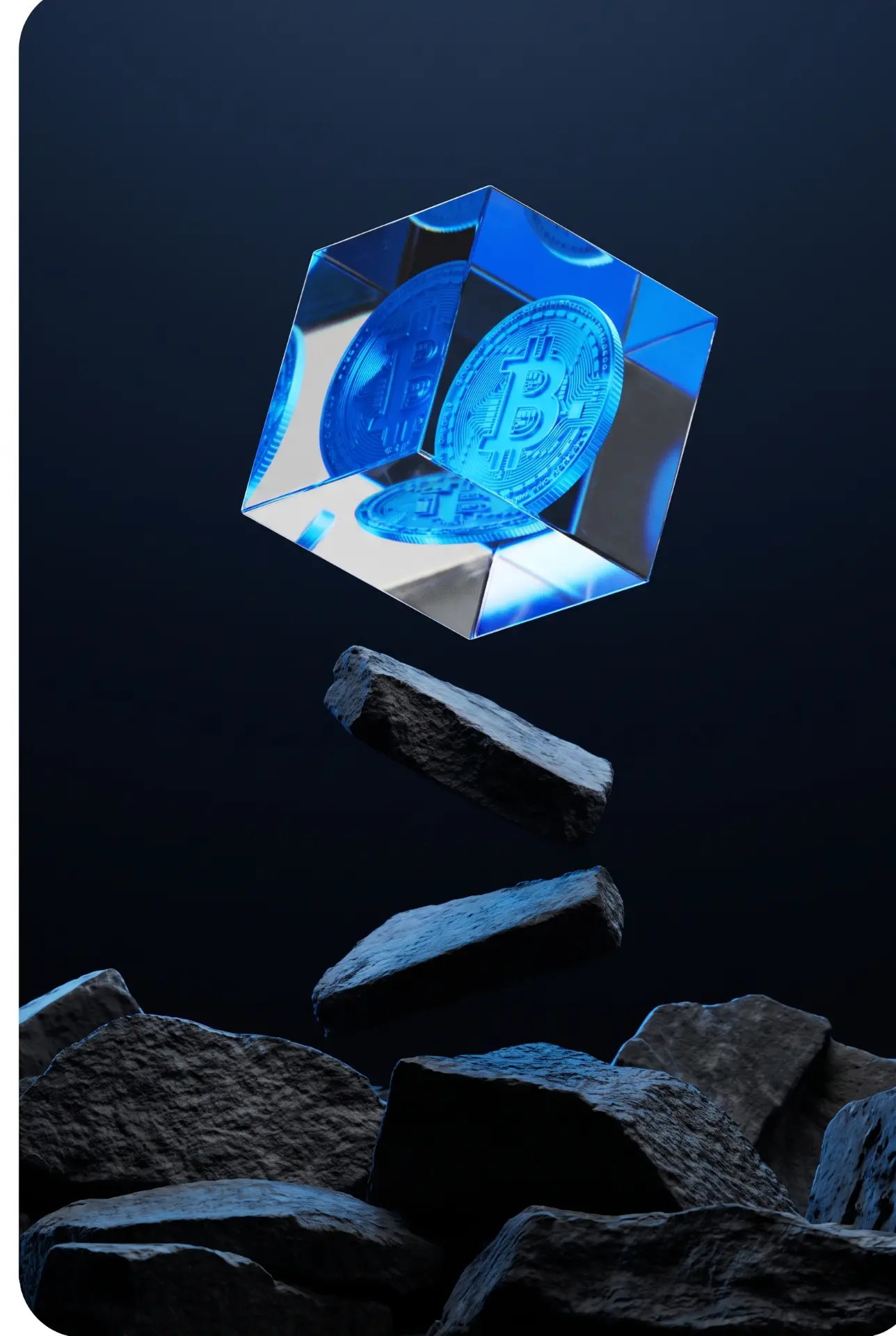 A blue bitcoin coin inside a glass cube above dark rocks