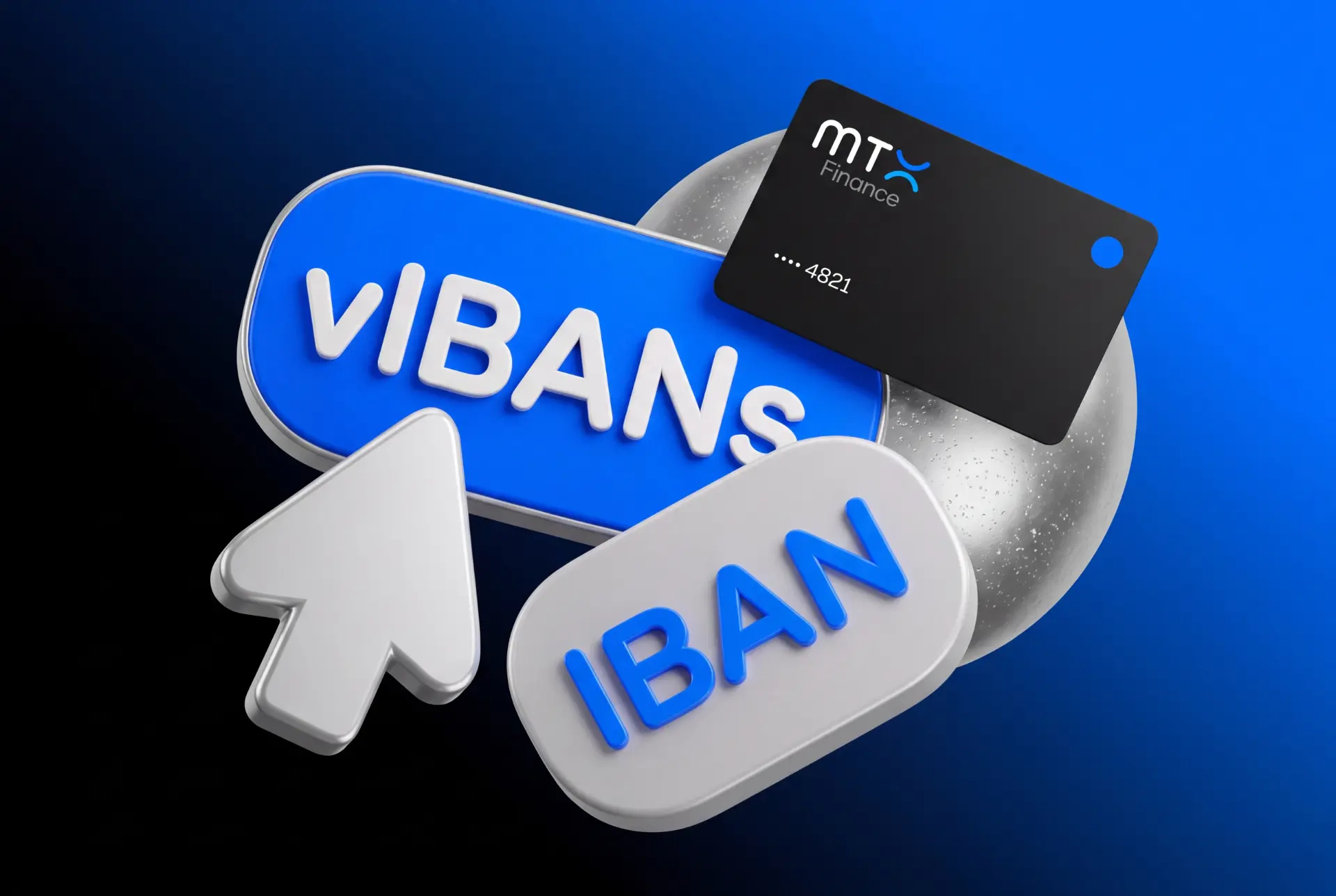 Blue VIBANS and IBAN tokens with an MTX Finance card on a dark blue background