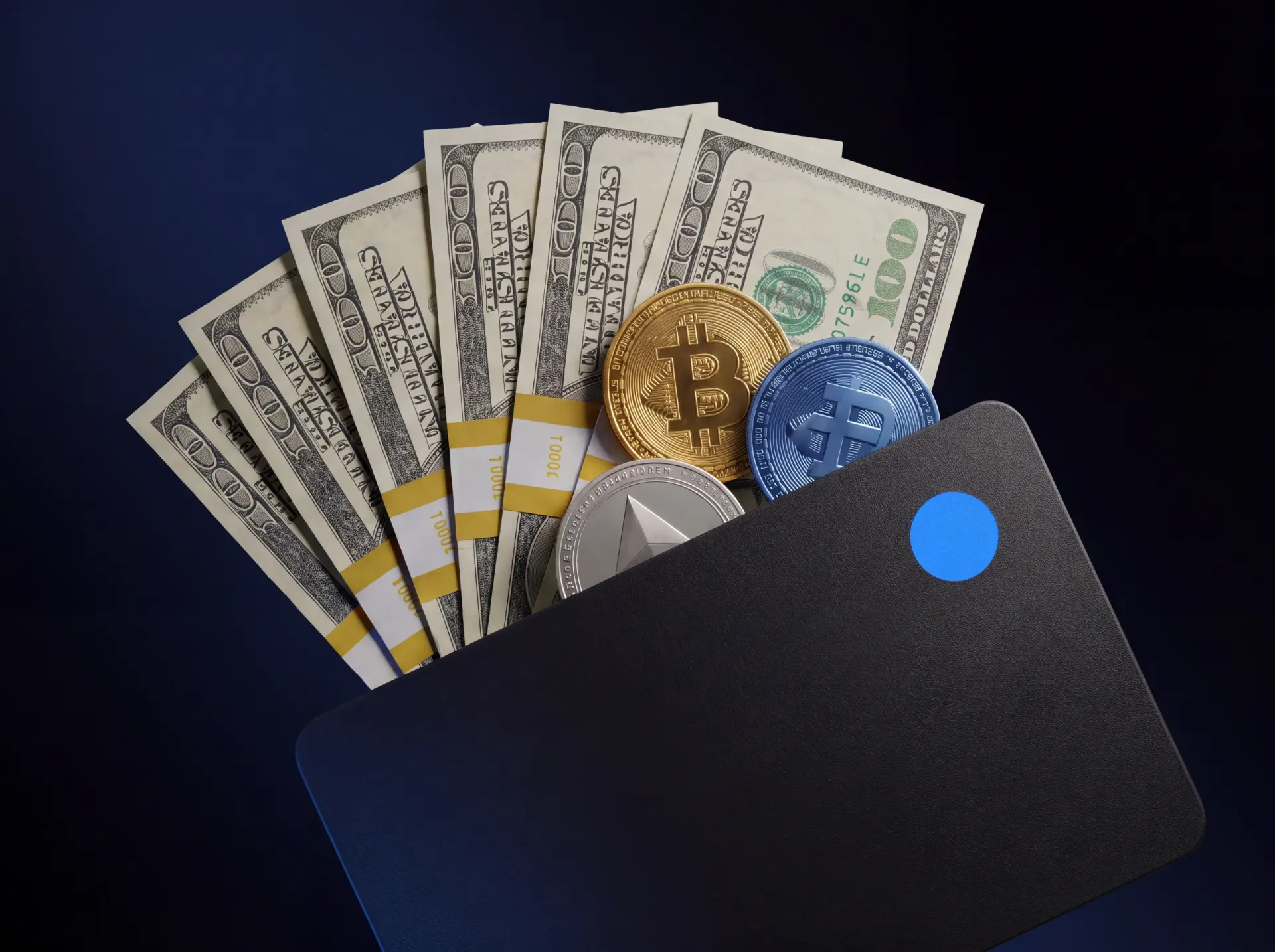Wallet with cash, Bitcoin and stablecoins representing fiat-digital asset ramps