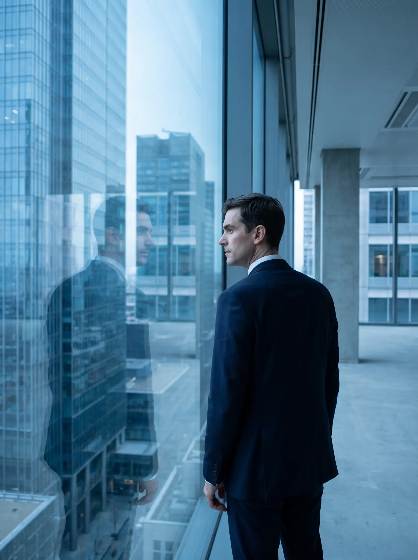 A client in a dark suit looking out over the city from a high-rise office window