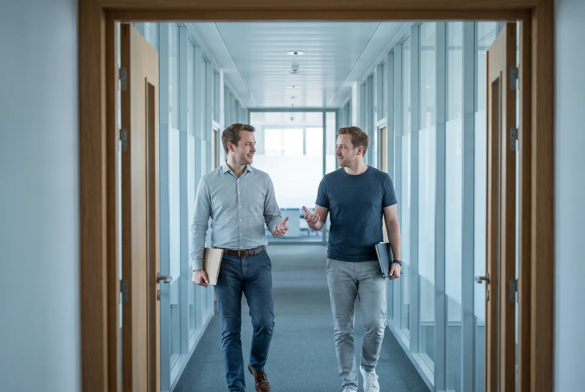 Two colleagues walking and talking through a bright office corridor