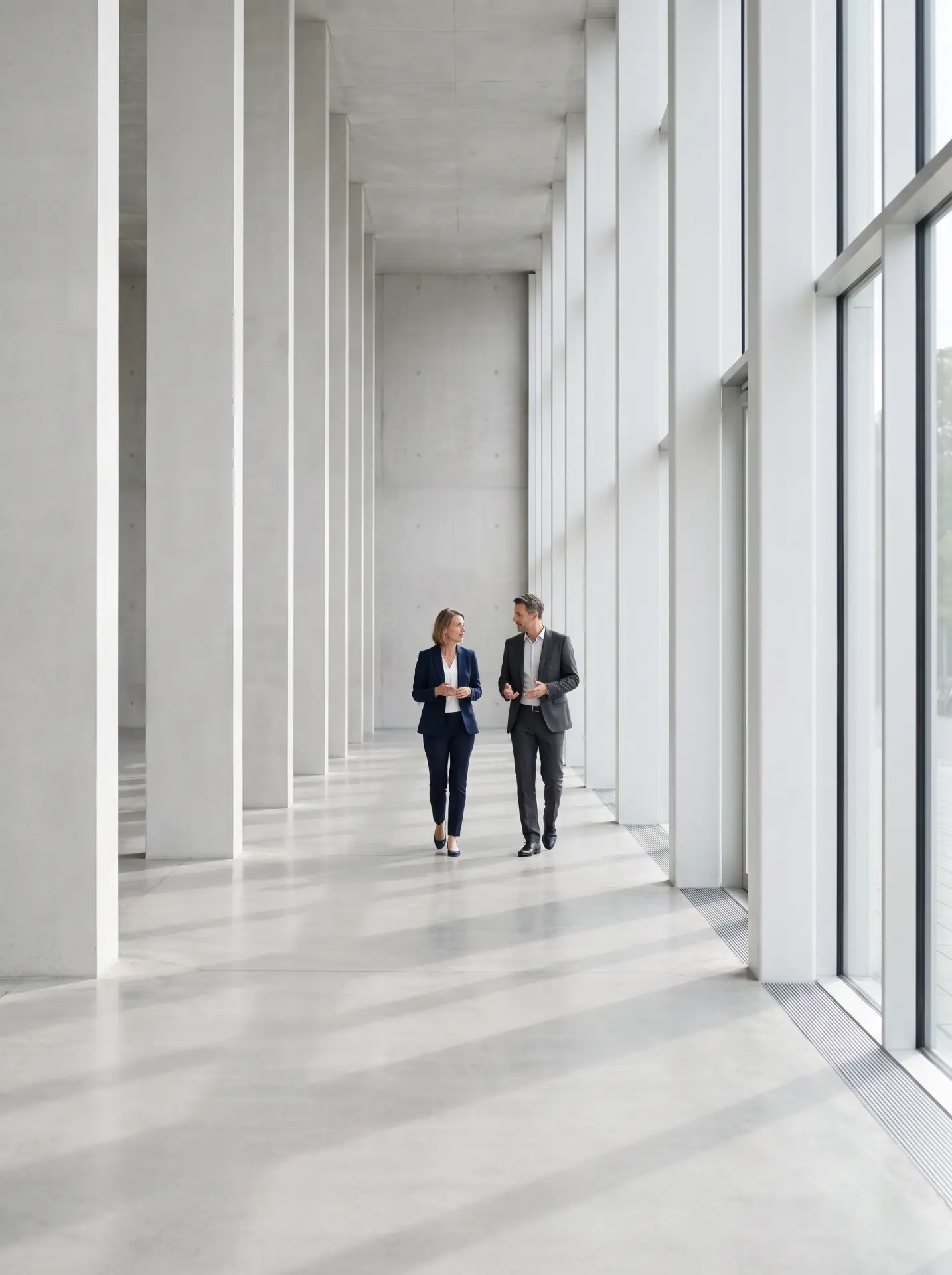 Two professionals walking through a bright modern corridor