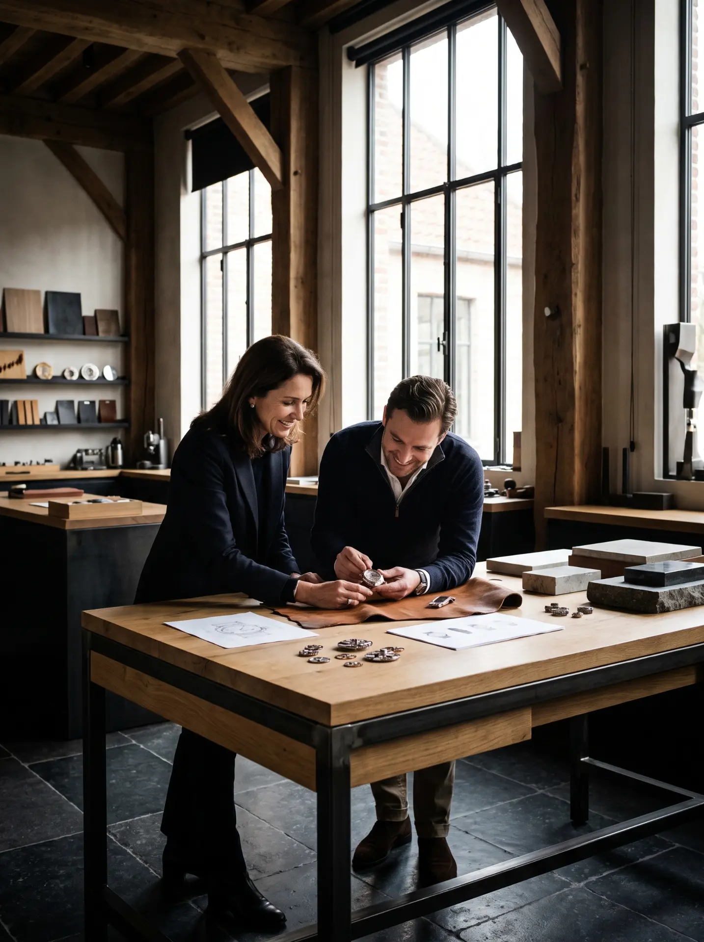 Two colleagues examining a watch mechanism together at a wooden workbench