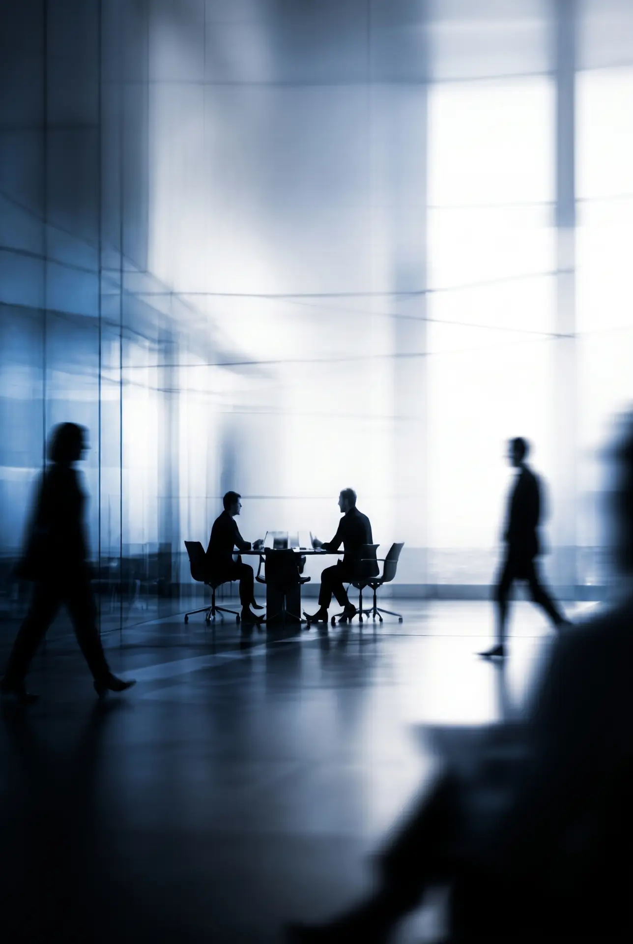 Two specialists in conversation in a bright glass atrium