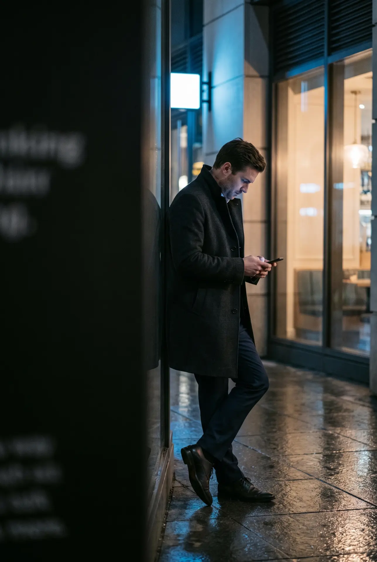 Man checking a payment on his phone at night in the city