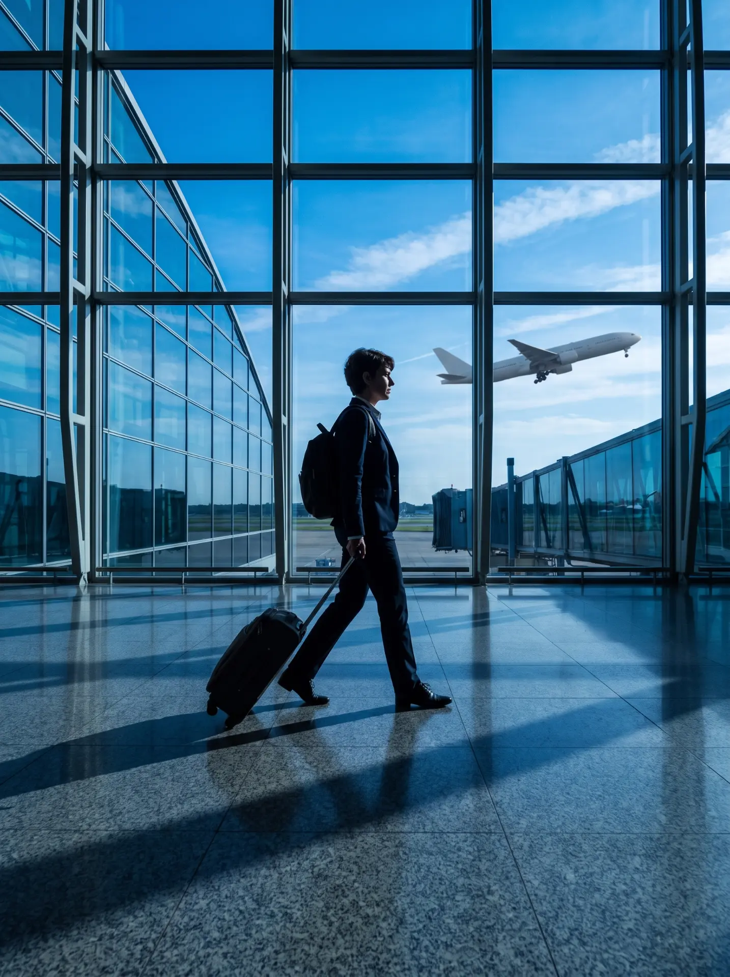 Business traveller with luggage walking through an airport terminal as a plane takes off