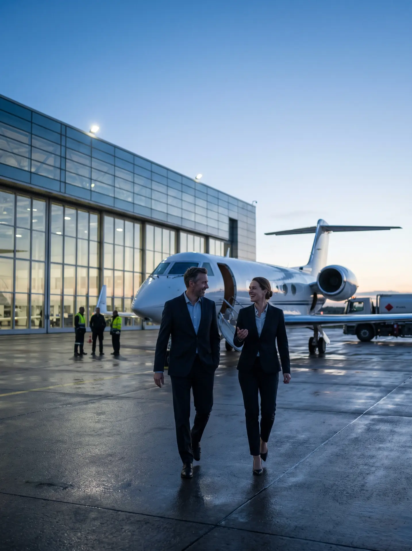 Two professionals walking from a private jet at dusk
