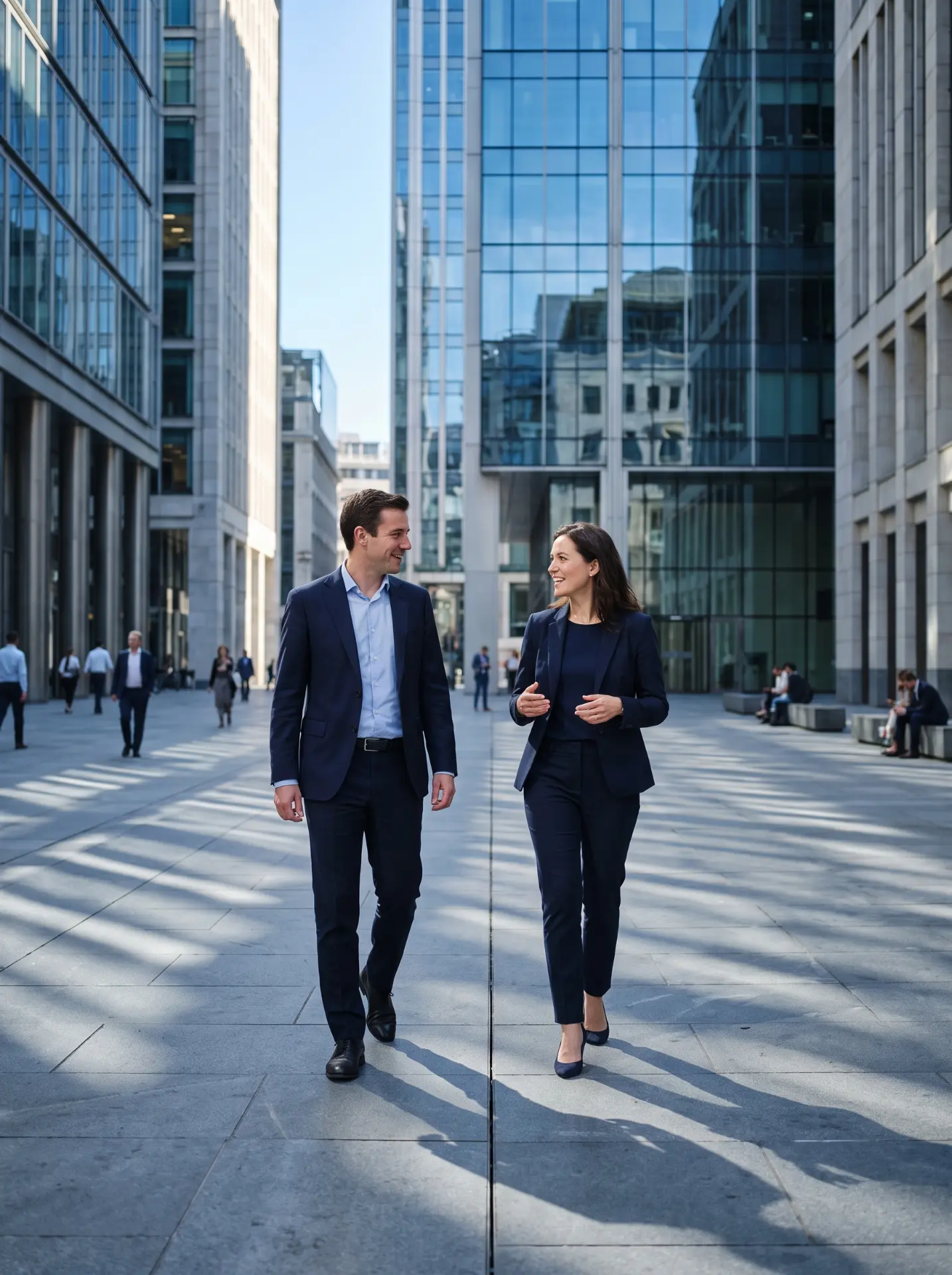 Two colleagues walking through a financial district