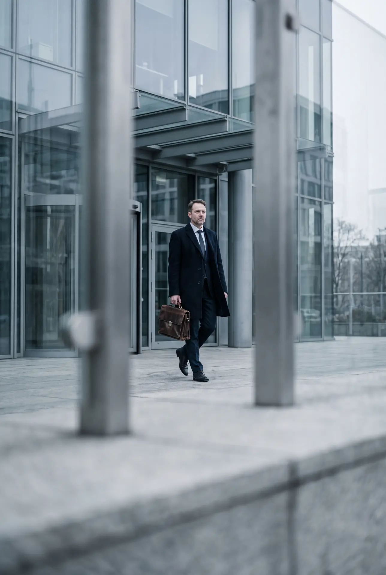 A specialist walking past a modern glass office building