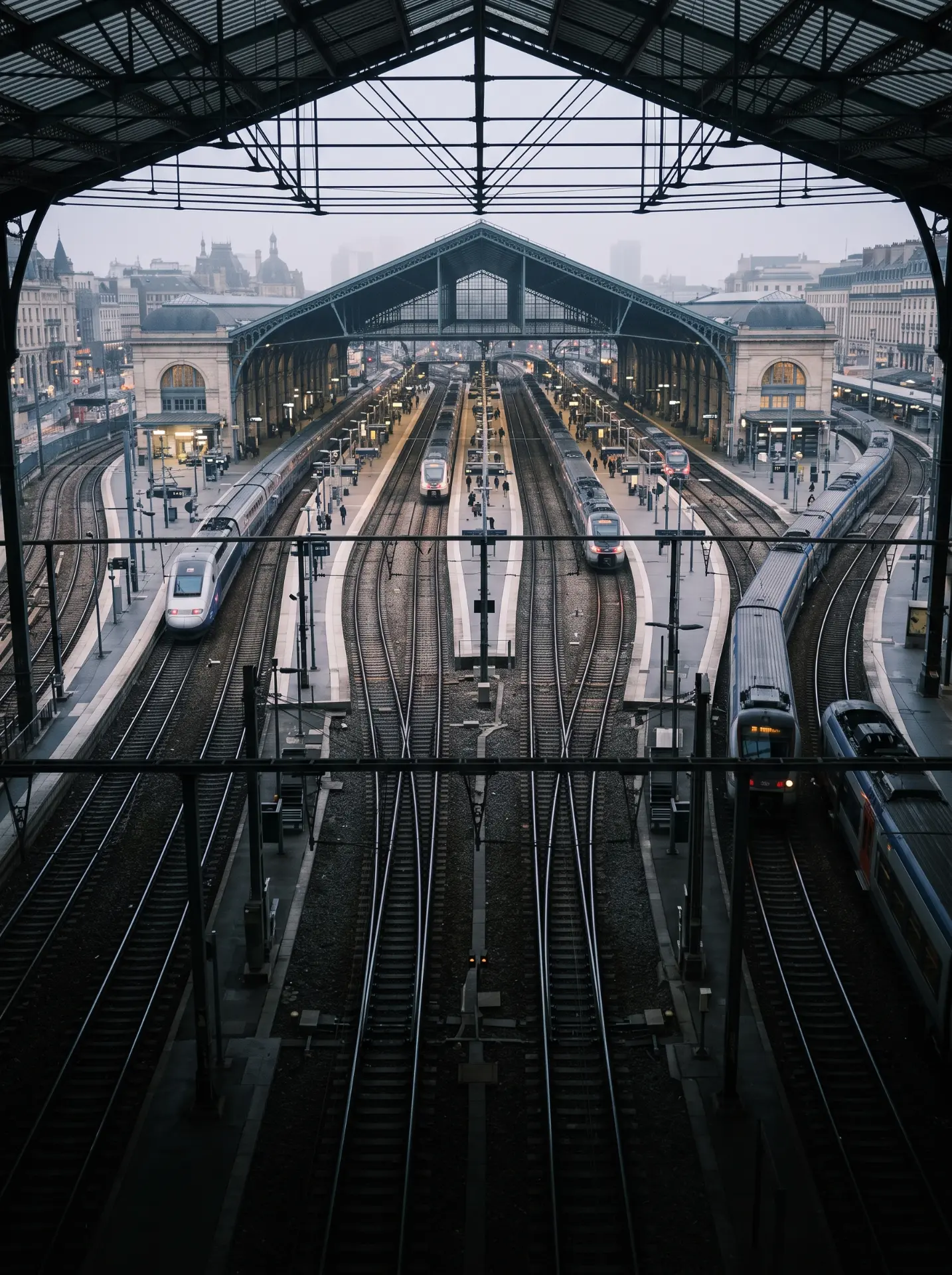 Train station seen from above with several trains on the tracks under a glass roof