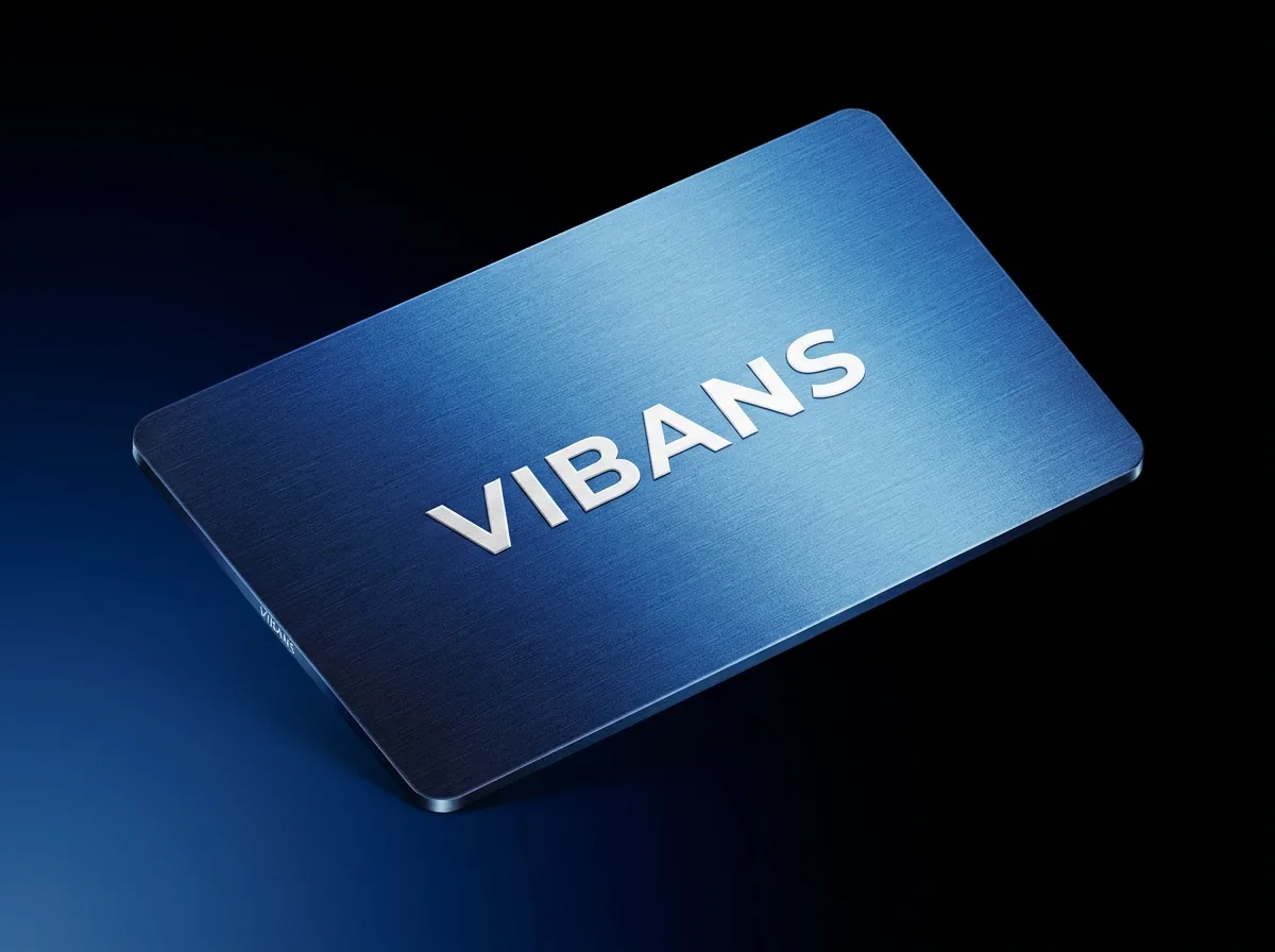 Brushed metal VIBANS card on a dark blue background