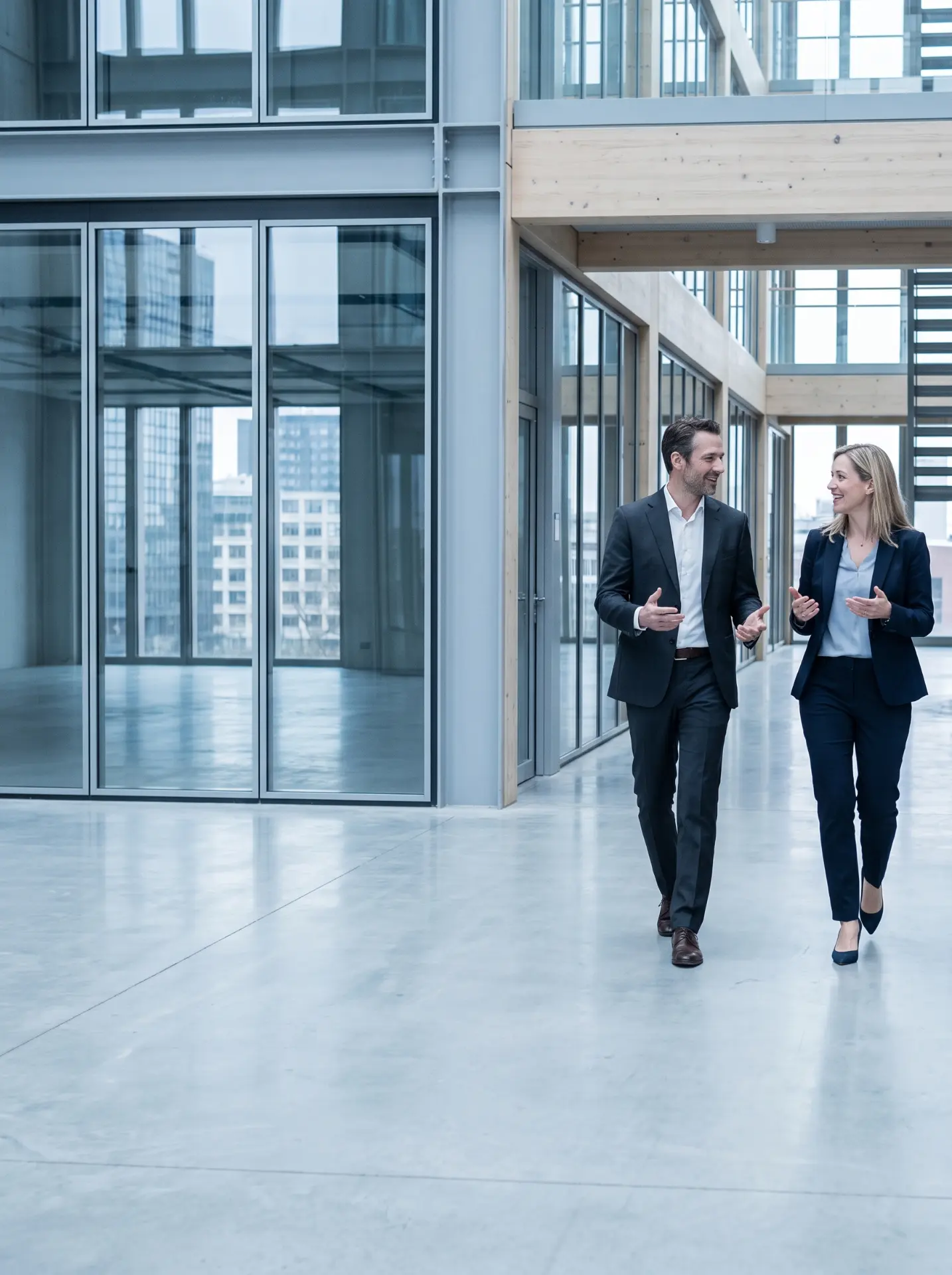 Two colleagues in suits walking and talking through a bright modern office