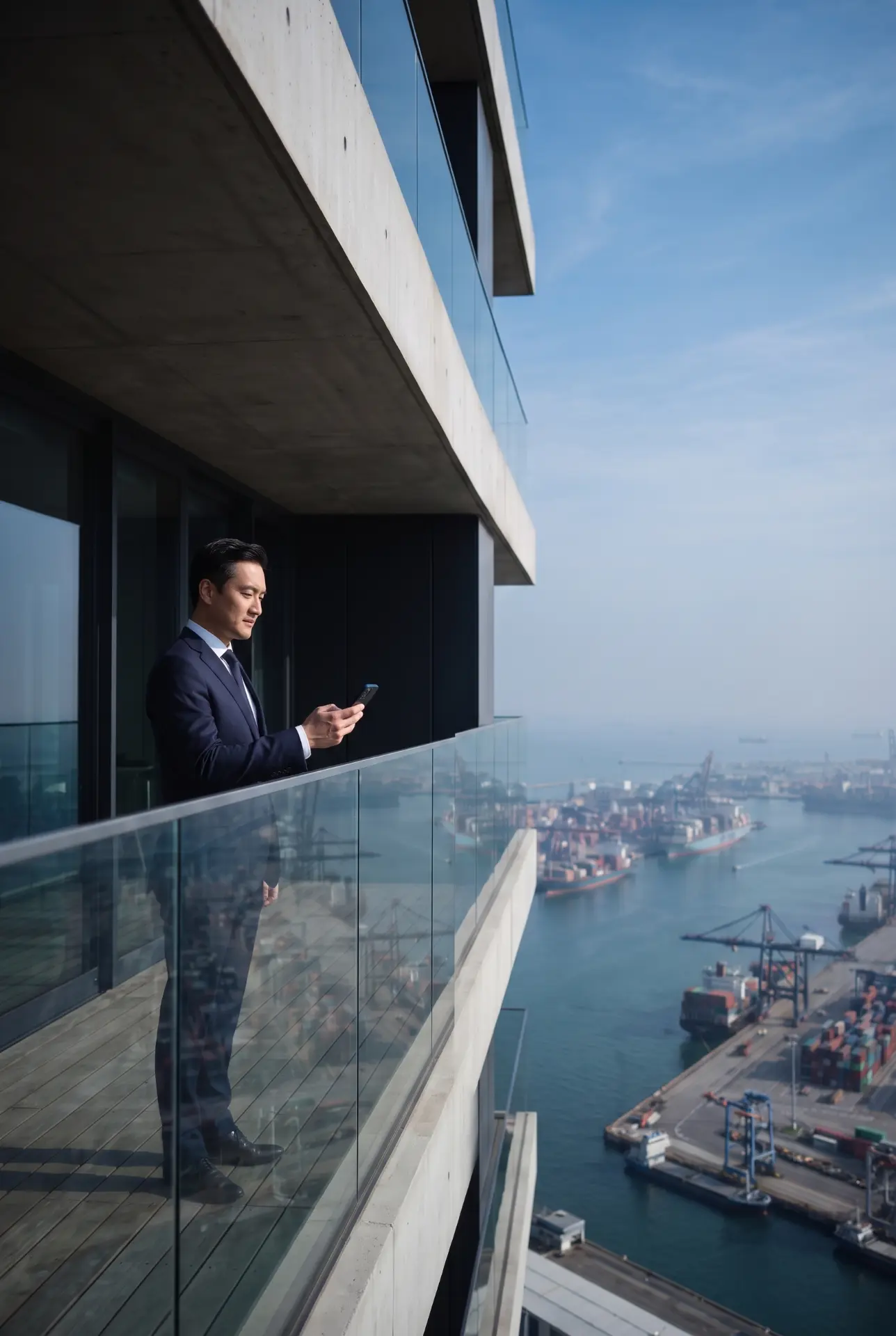 A man on a balcony overlooking a container port, checking his phone