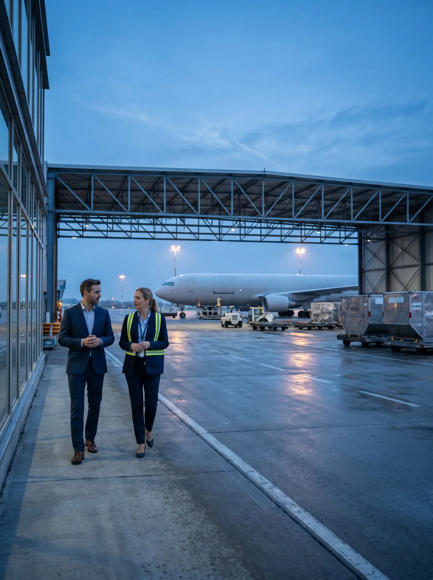 Two professionals walking on the airport apron near a cargo plane