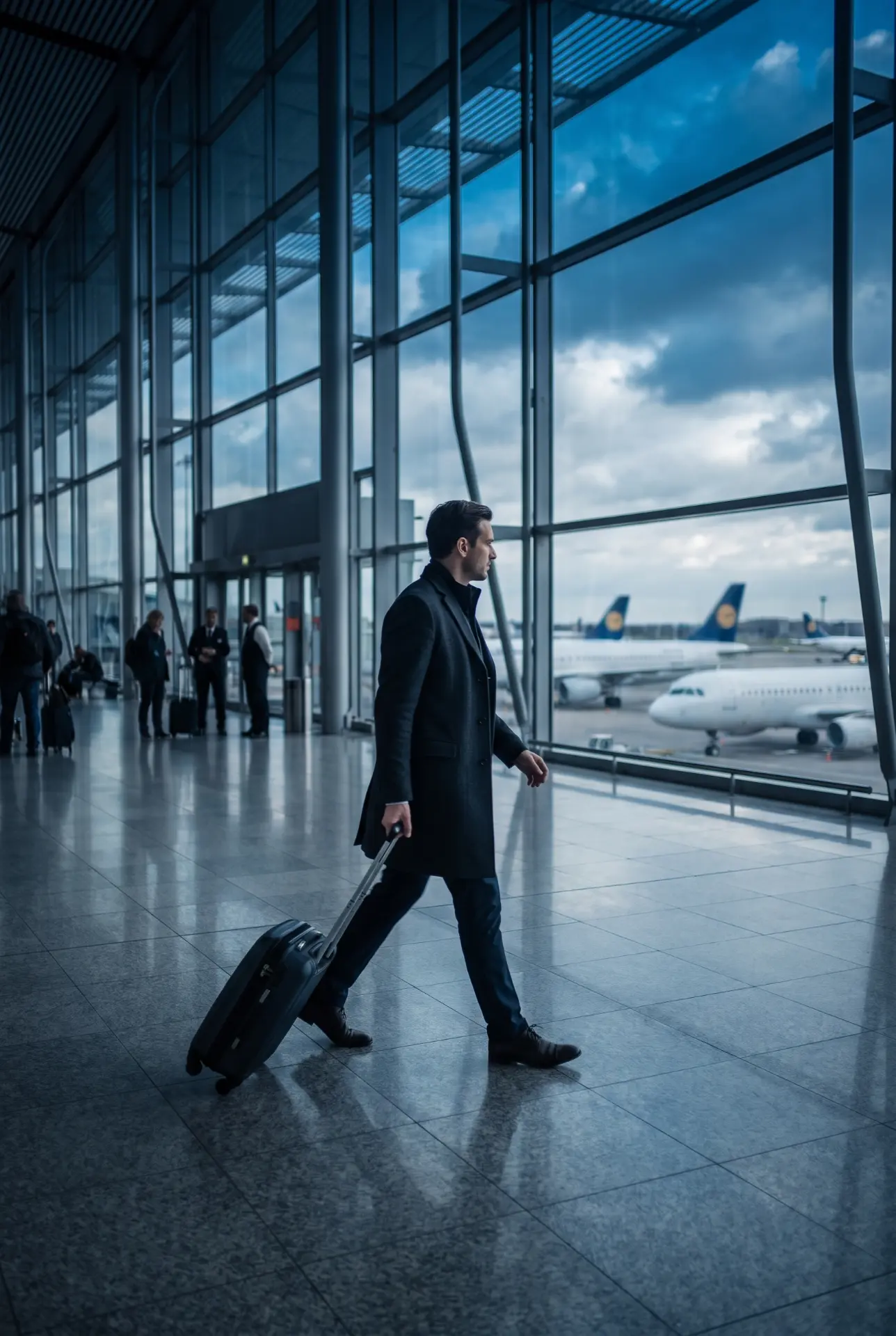 A client travelling through an airport terminal