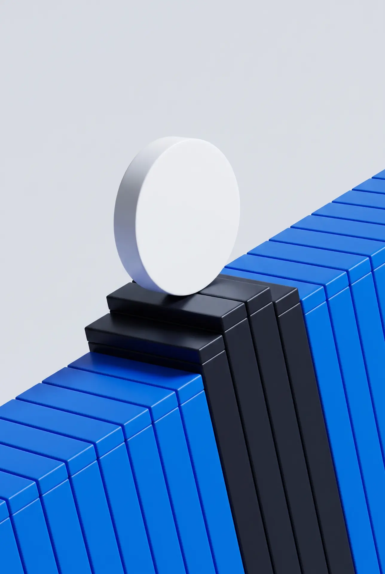 A white disc rolling over blue and graphite steps in a 3D composition