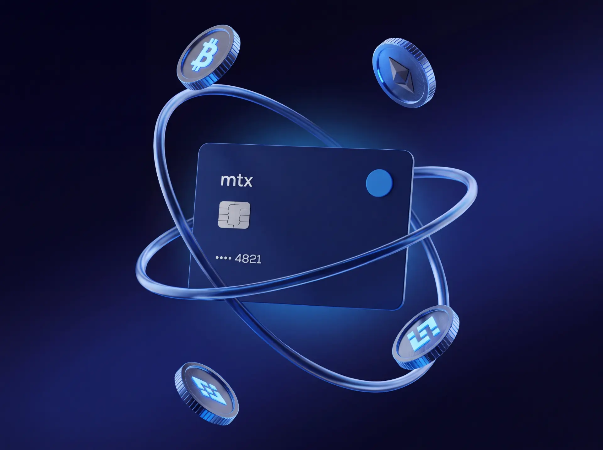 MTX card surrounded by orbiting crypto coins for local currency payouts