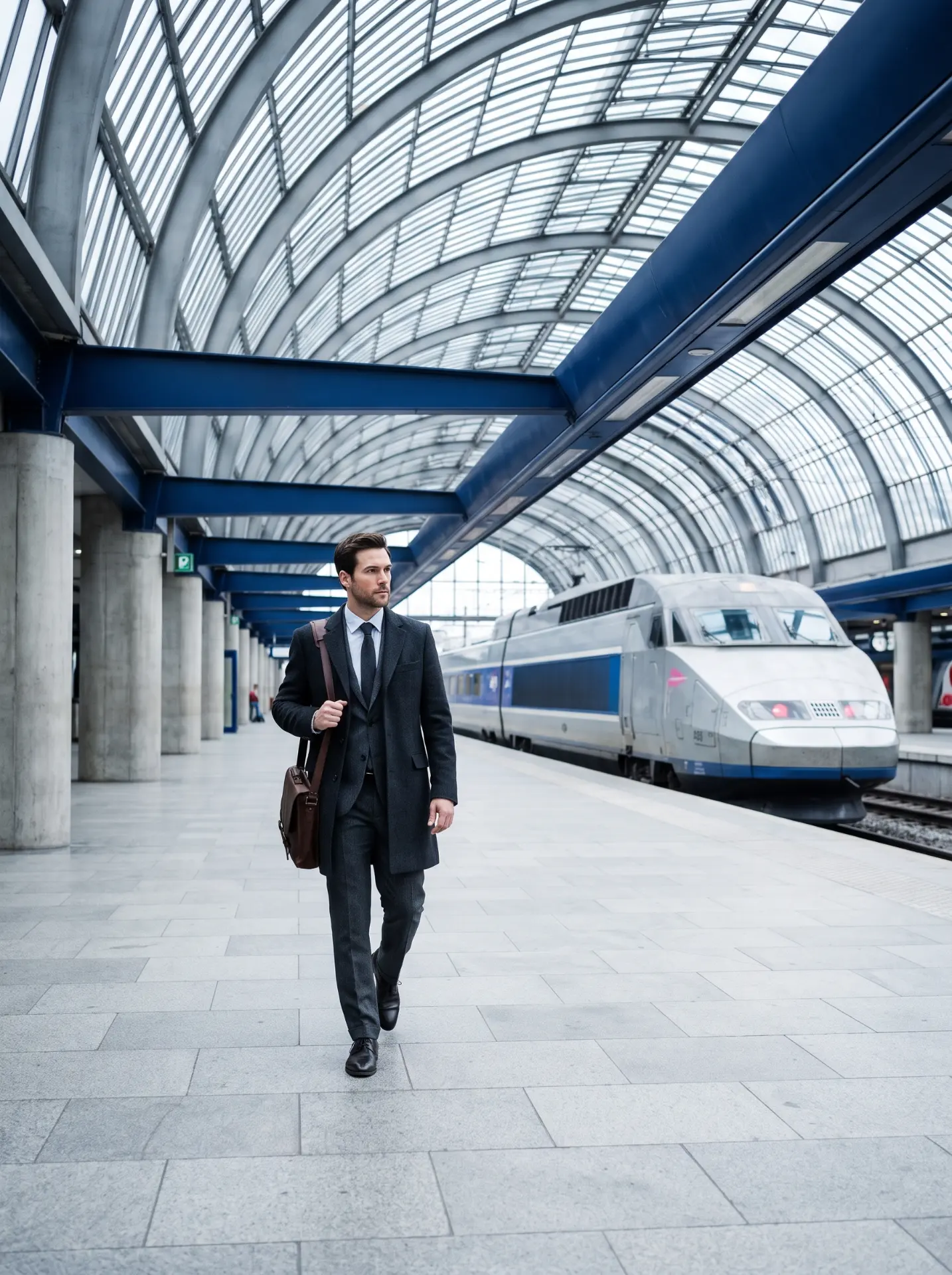 A client walking along a station platform beside a departing train