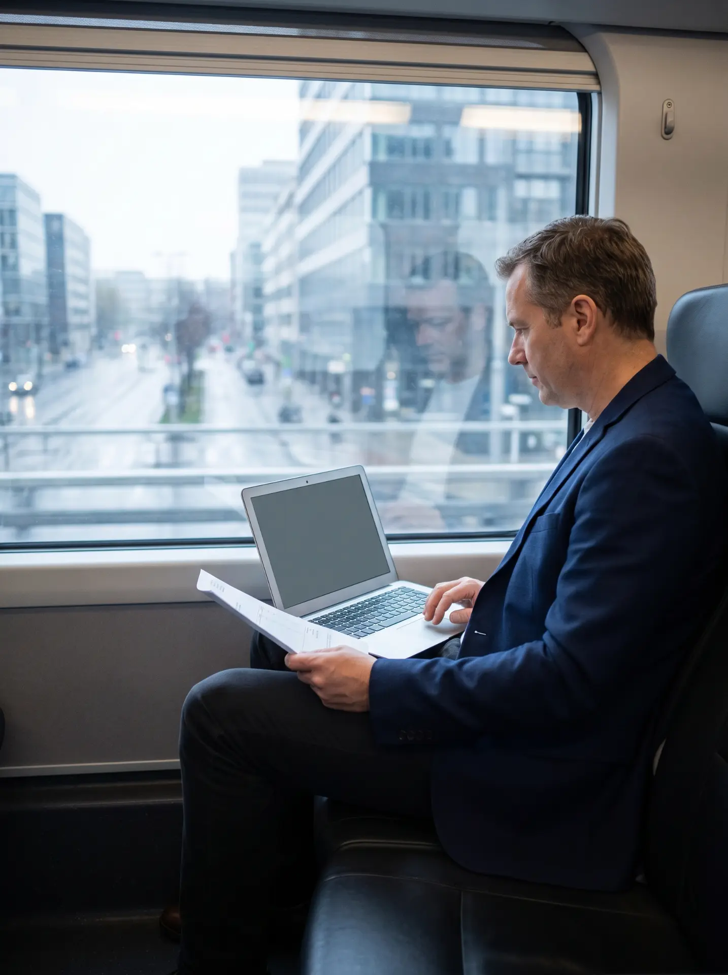 Man in a navy blazer working on a laptop by the window of a train