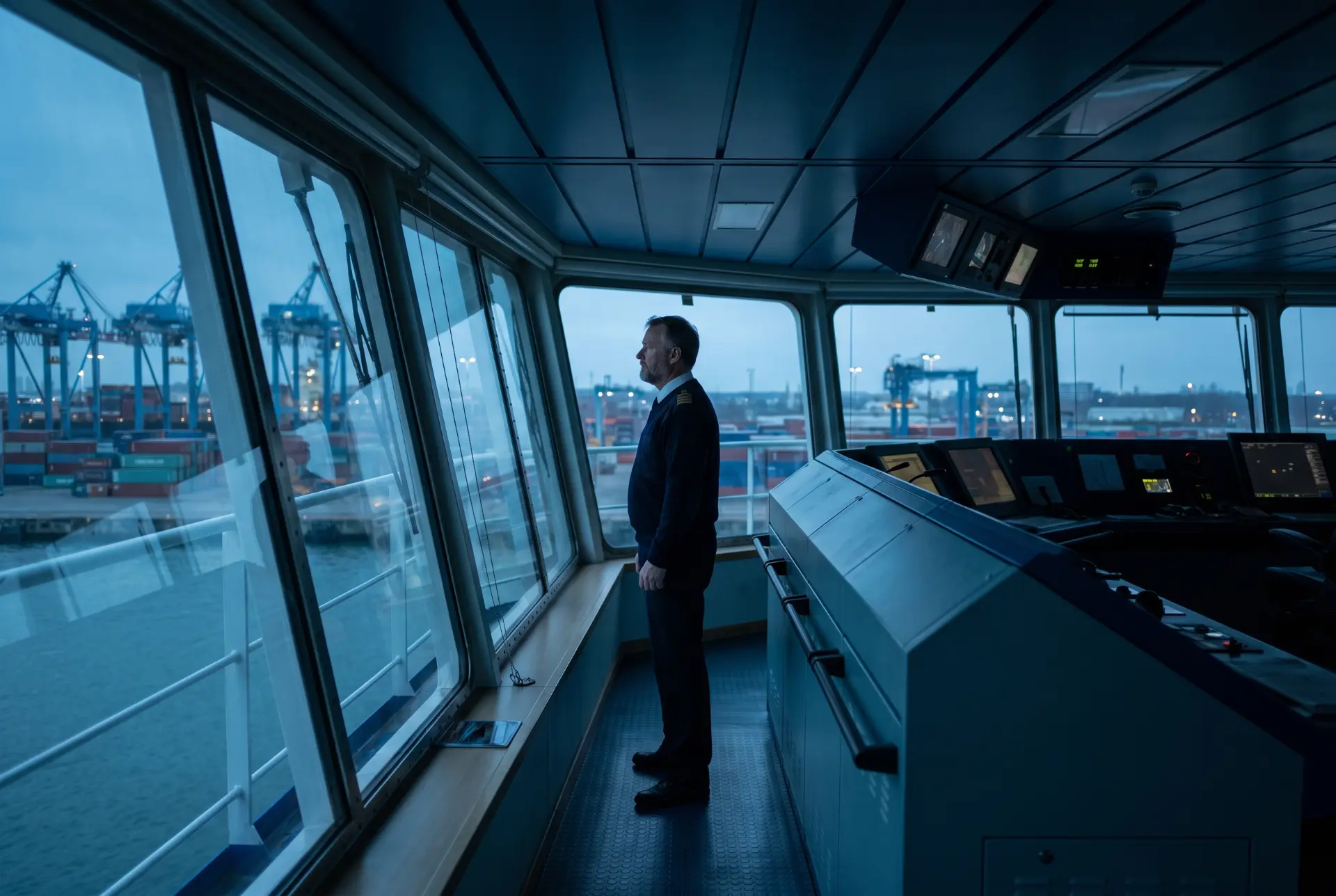 A captain watching over a container port from the ship's bridge