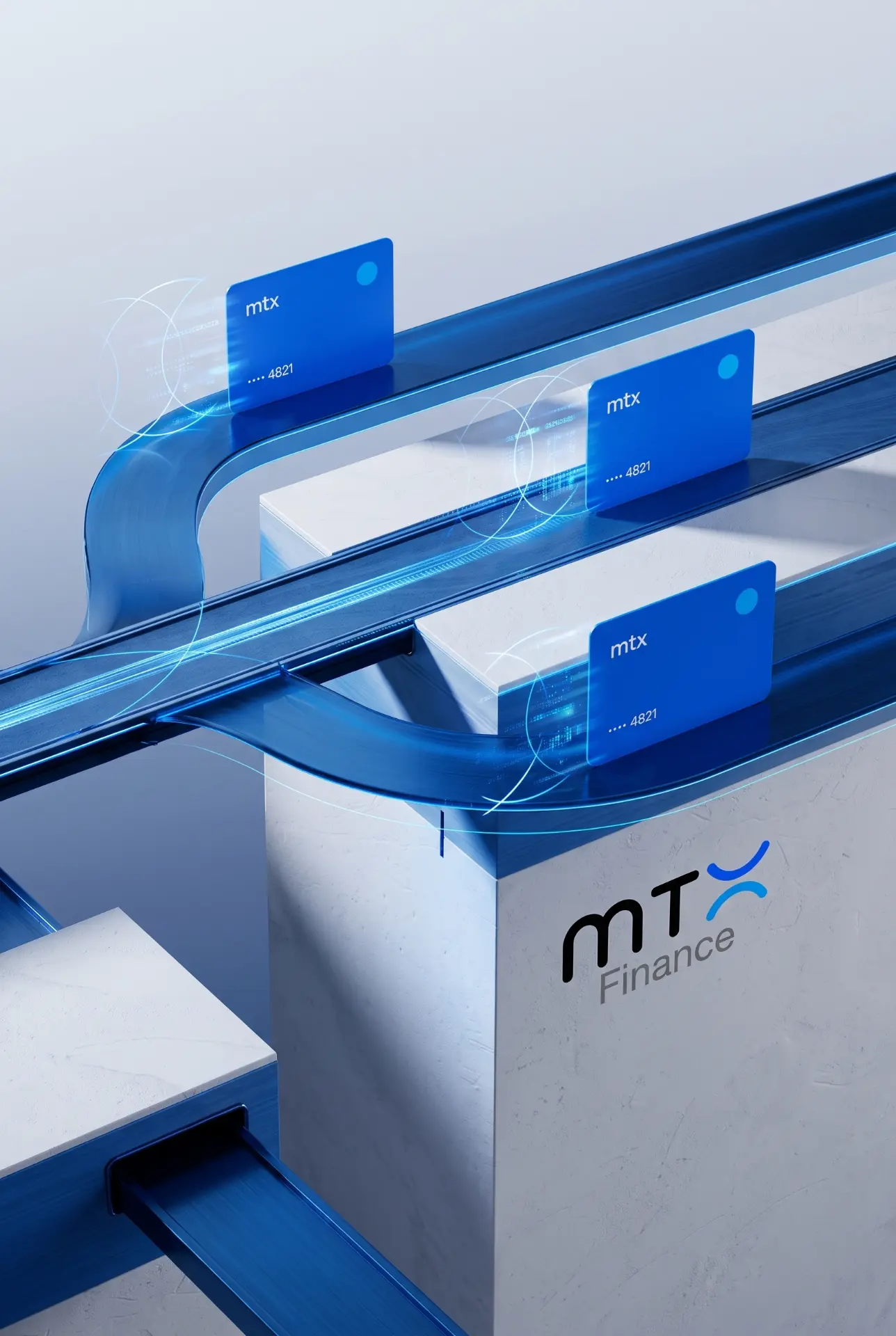 MTX cards moving along blue rails over marble