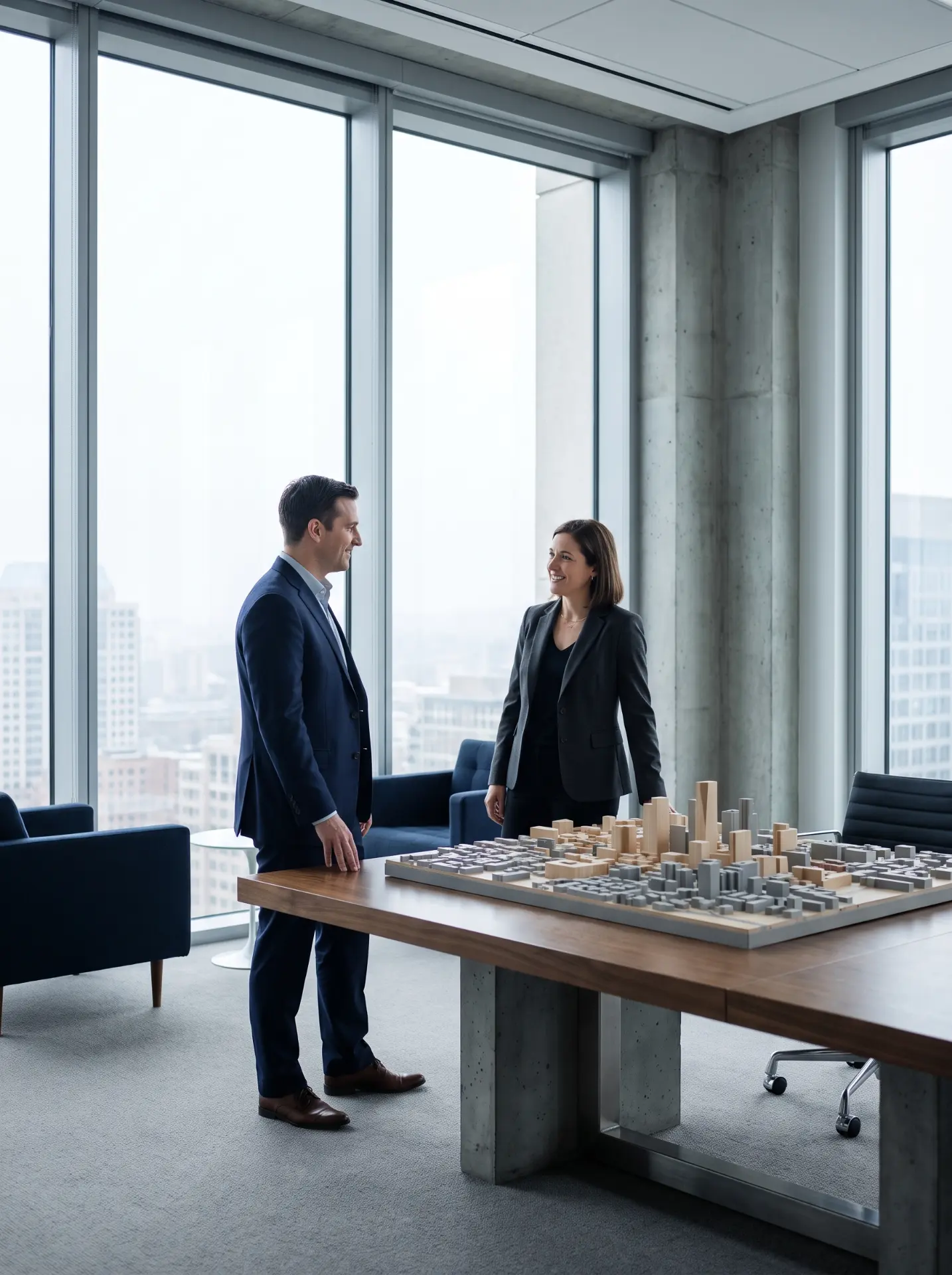 Two specialists in conversation in a high-rise office