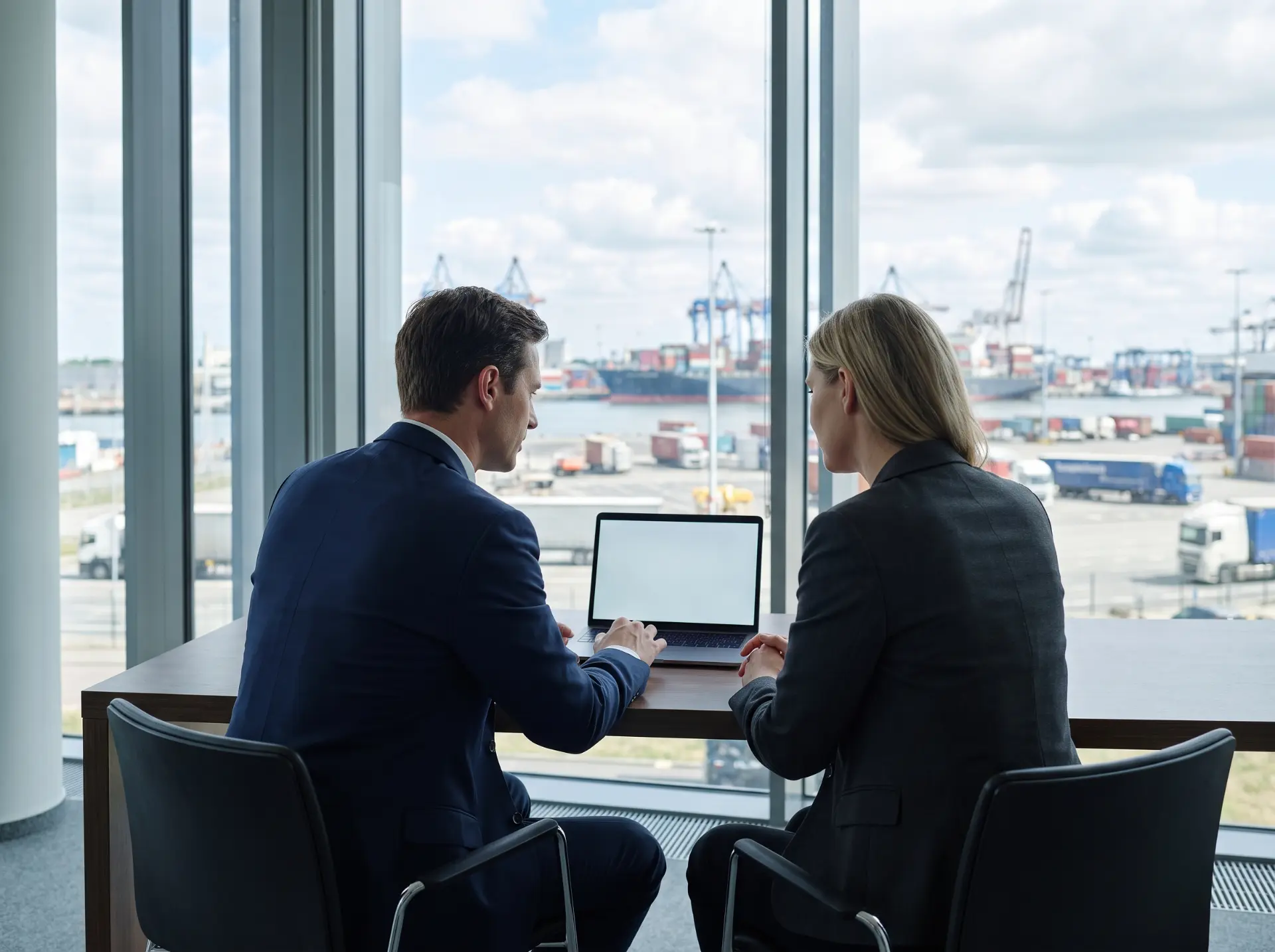 Two colleagues at a laptop in front of a window overlooking a container port