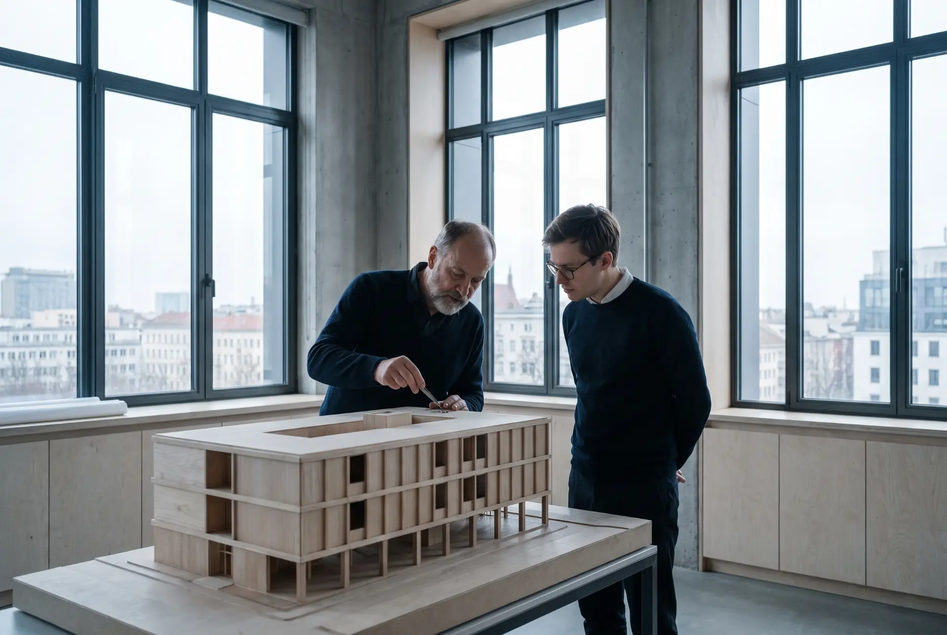 Two specialists reviewing an architectural model by the window